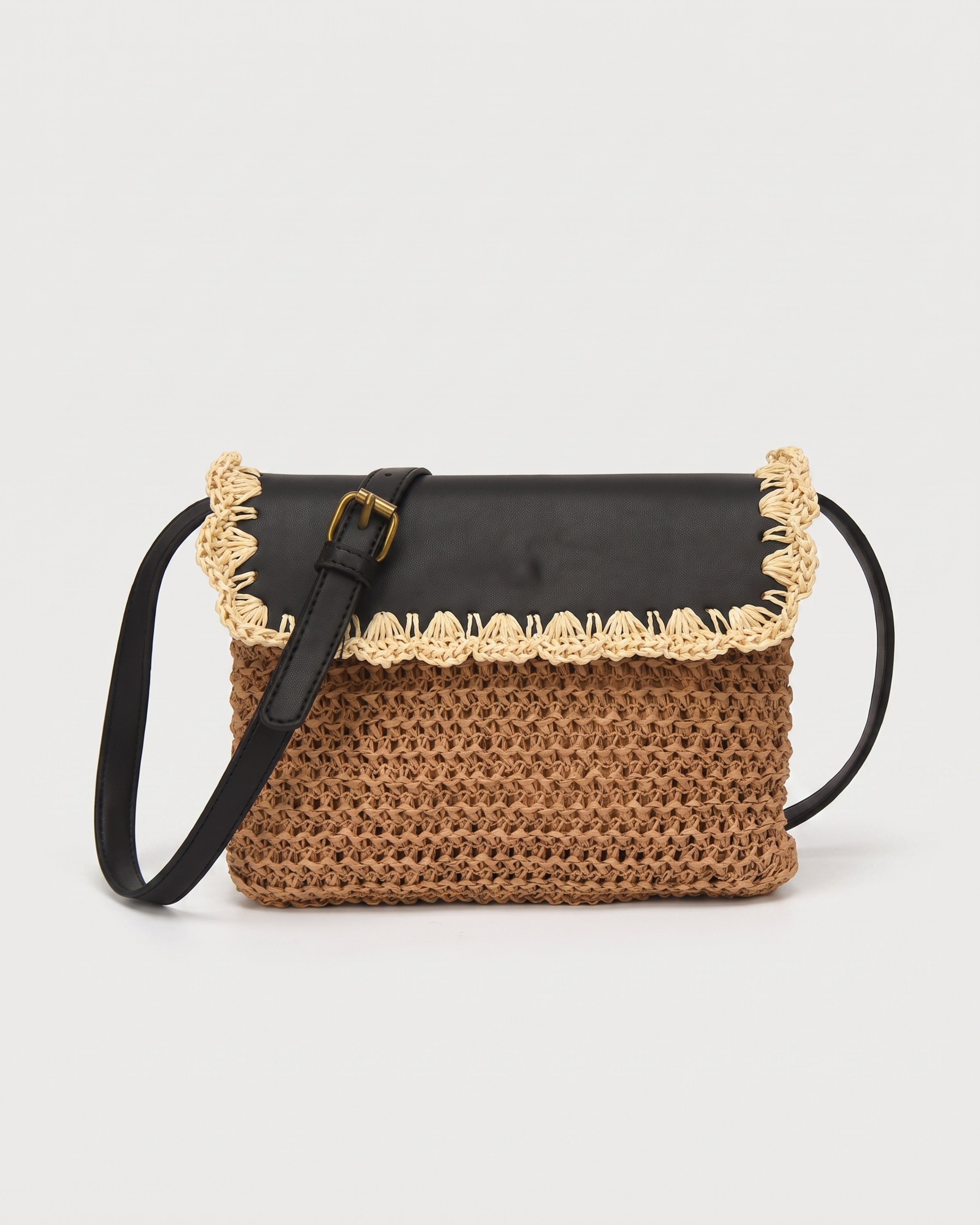 Woven Straw Crossbody Bag in brown with black — front view, RABUKO
