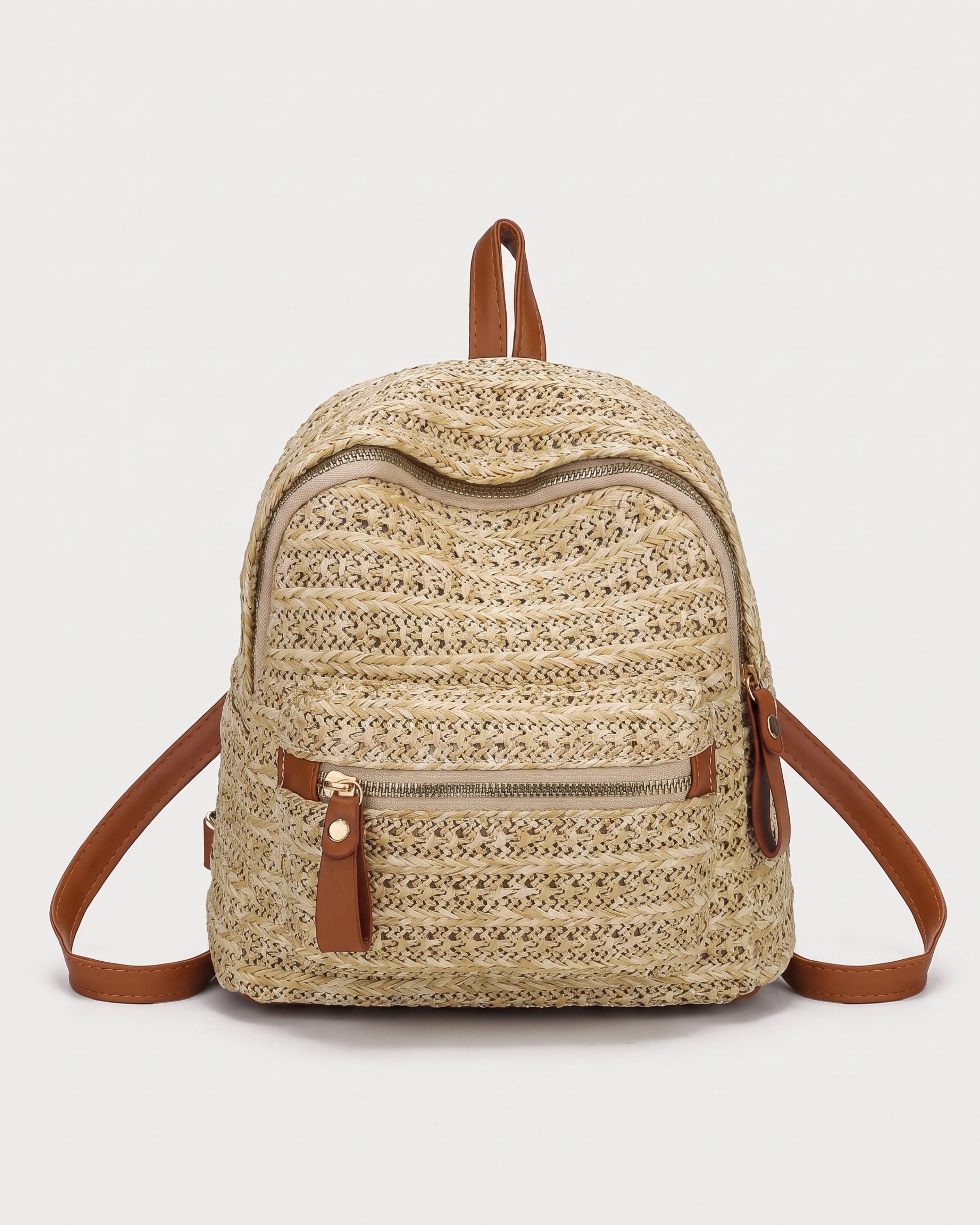 Woven Straw Backpack in khaki — front view, RABUKO