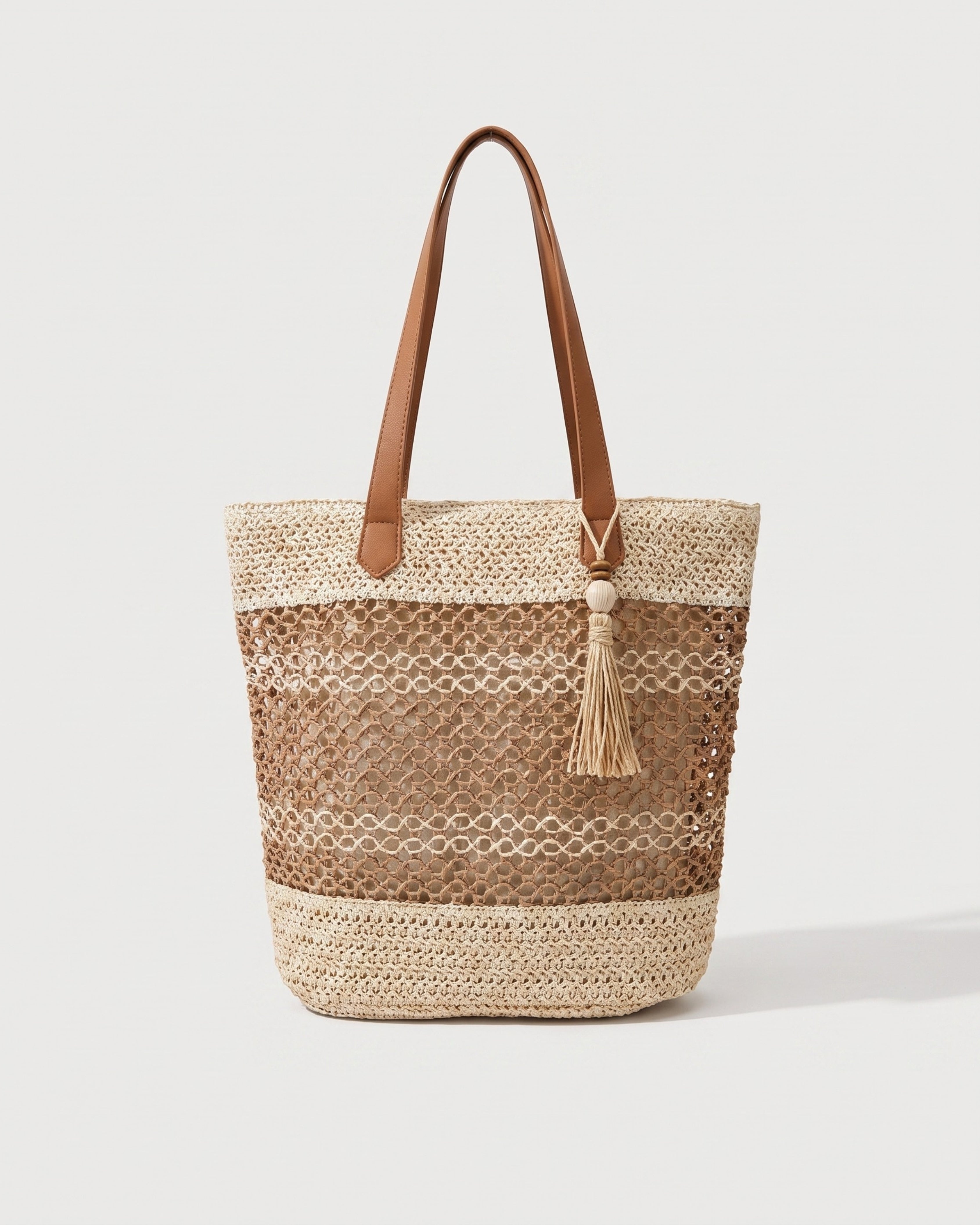 Tasseled Straw Tote Bag in beige — front view, RABUKO