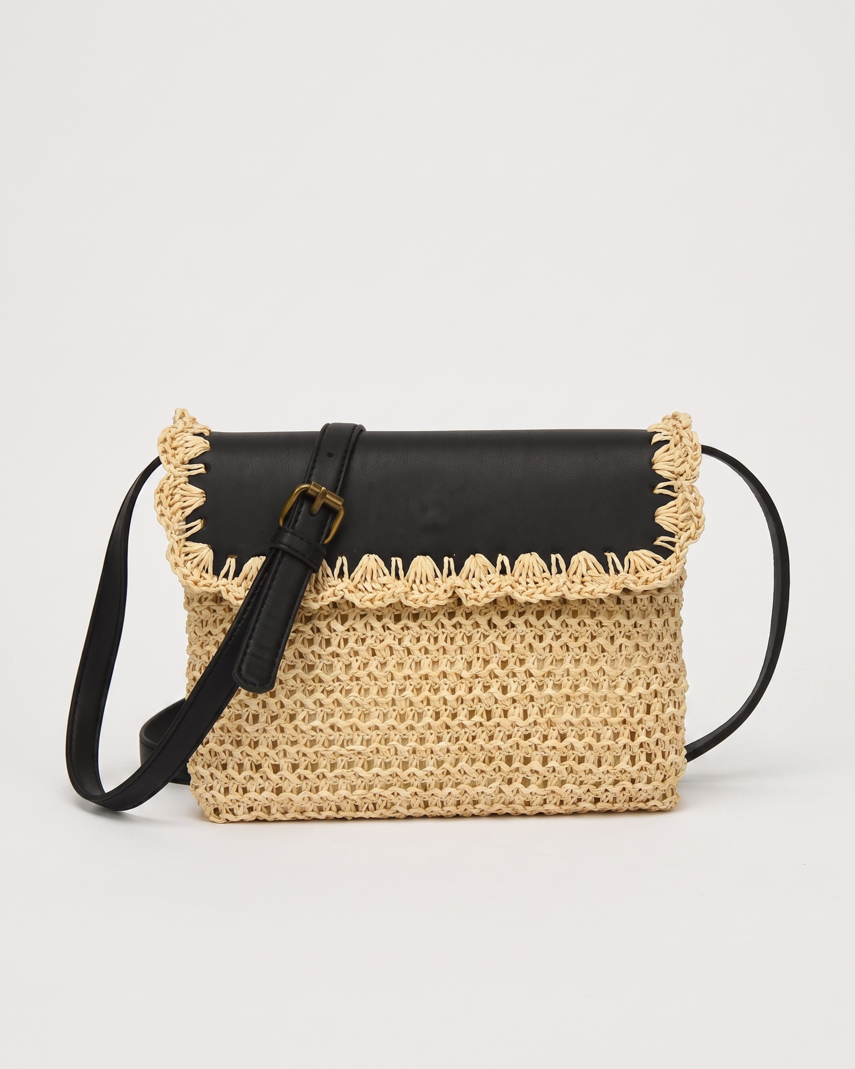 Woven Straw Crossbody Bag in beige with black — front view, RABUKO