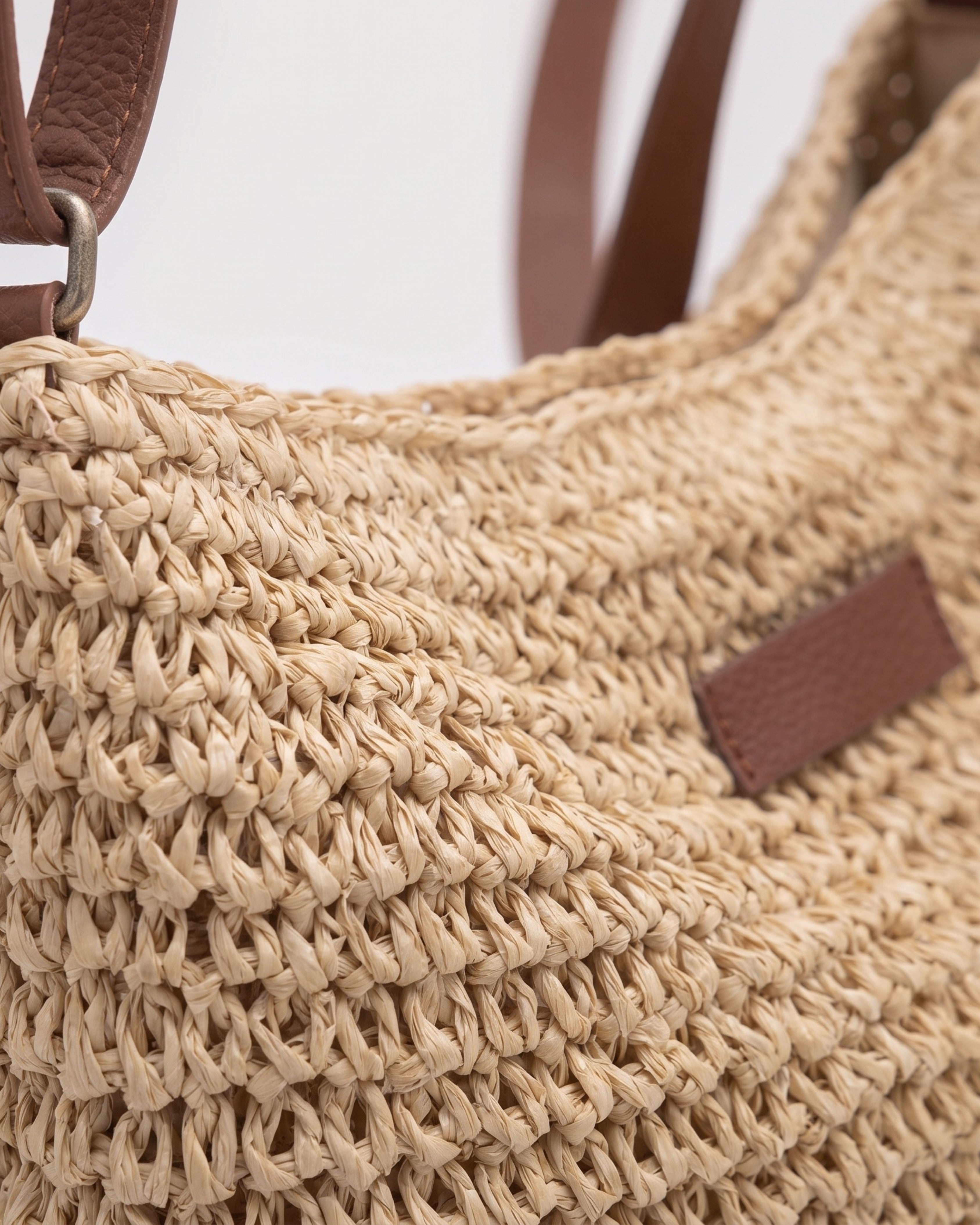 Raffia-Effect Tote Bag in beige — weave detail, RABUKO