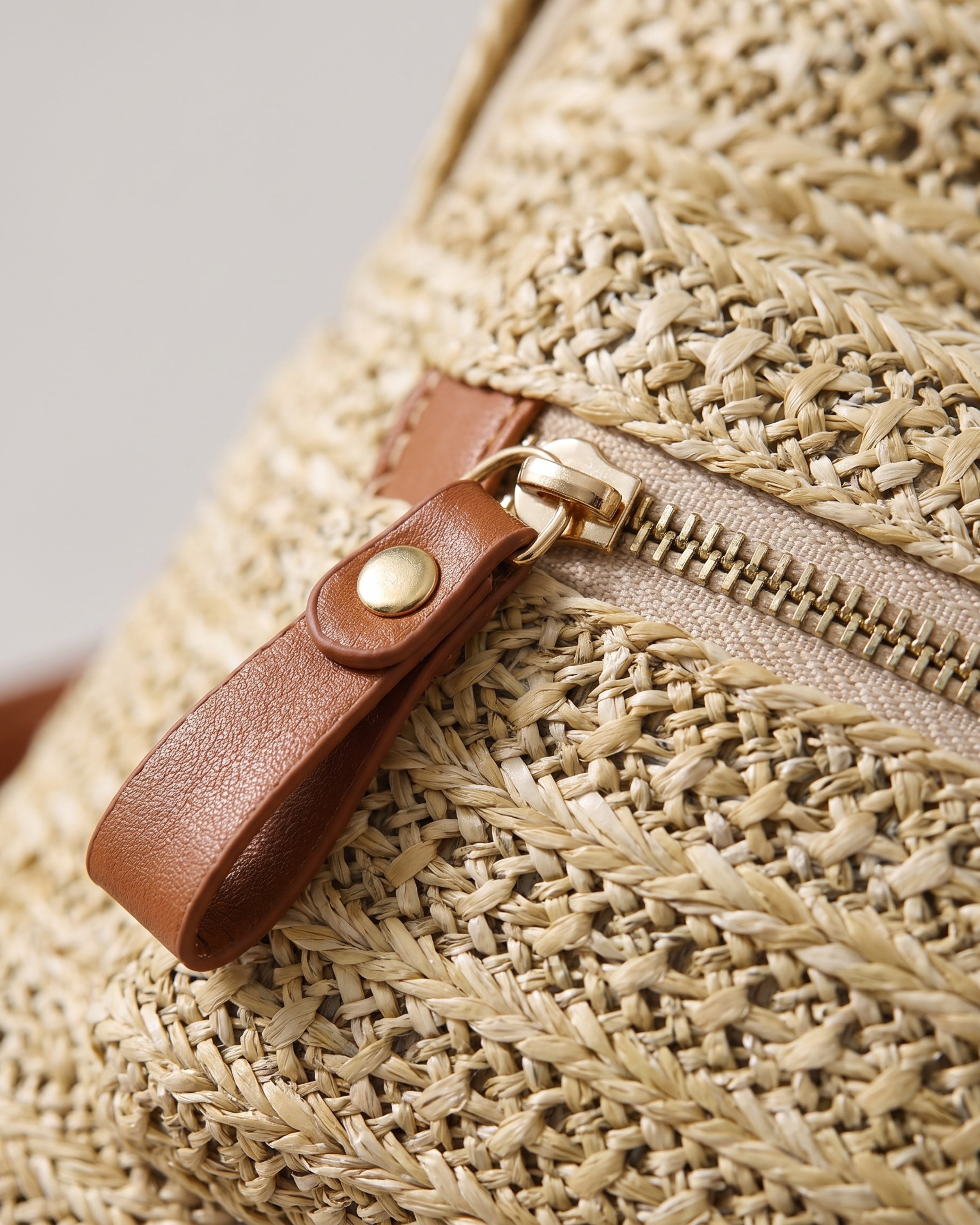 Woven Straw Backpack in khaki — weave detail, RABUKO
