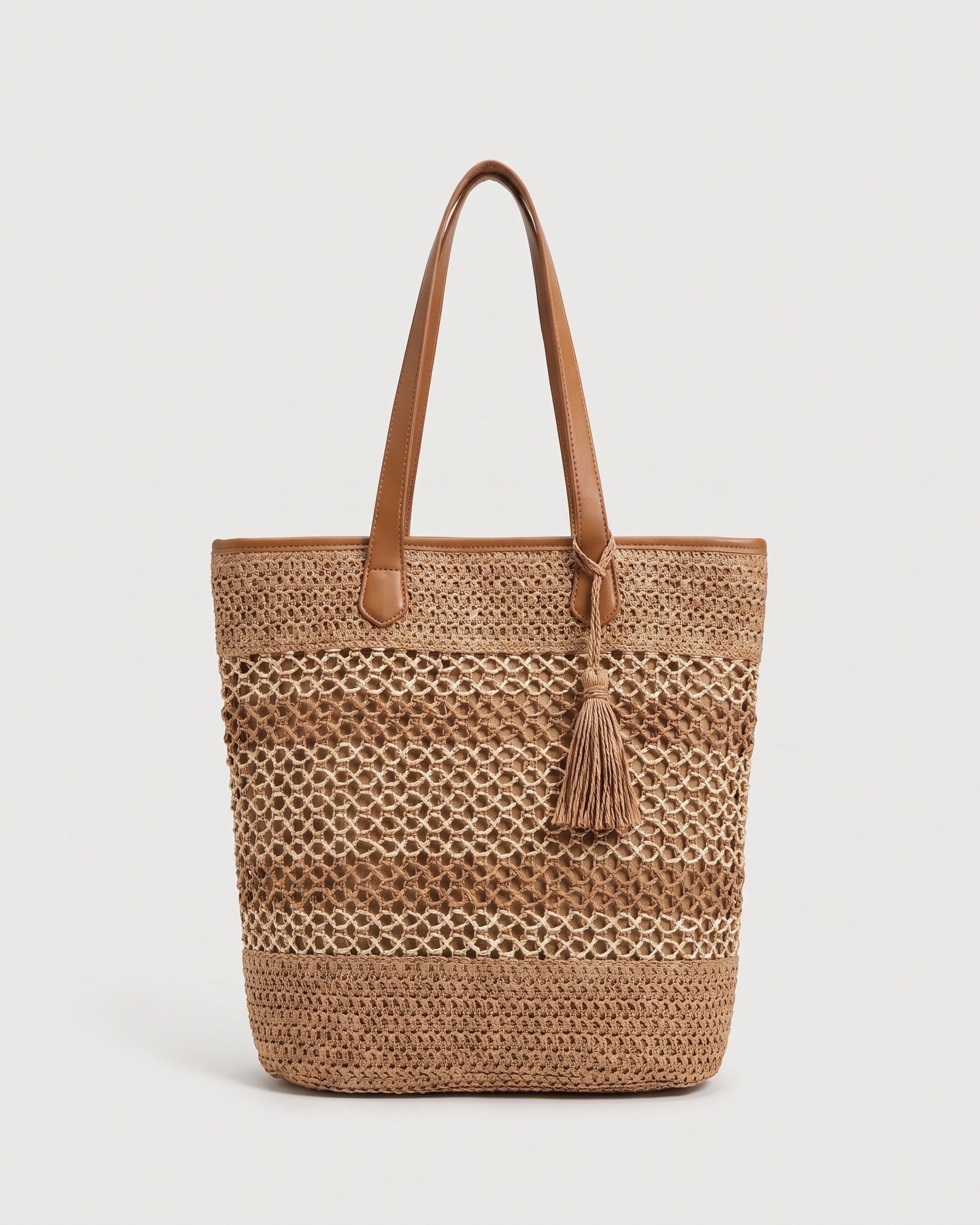 Tasseled Straw Tote Bag in brown — front view, RABUKO
