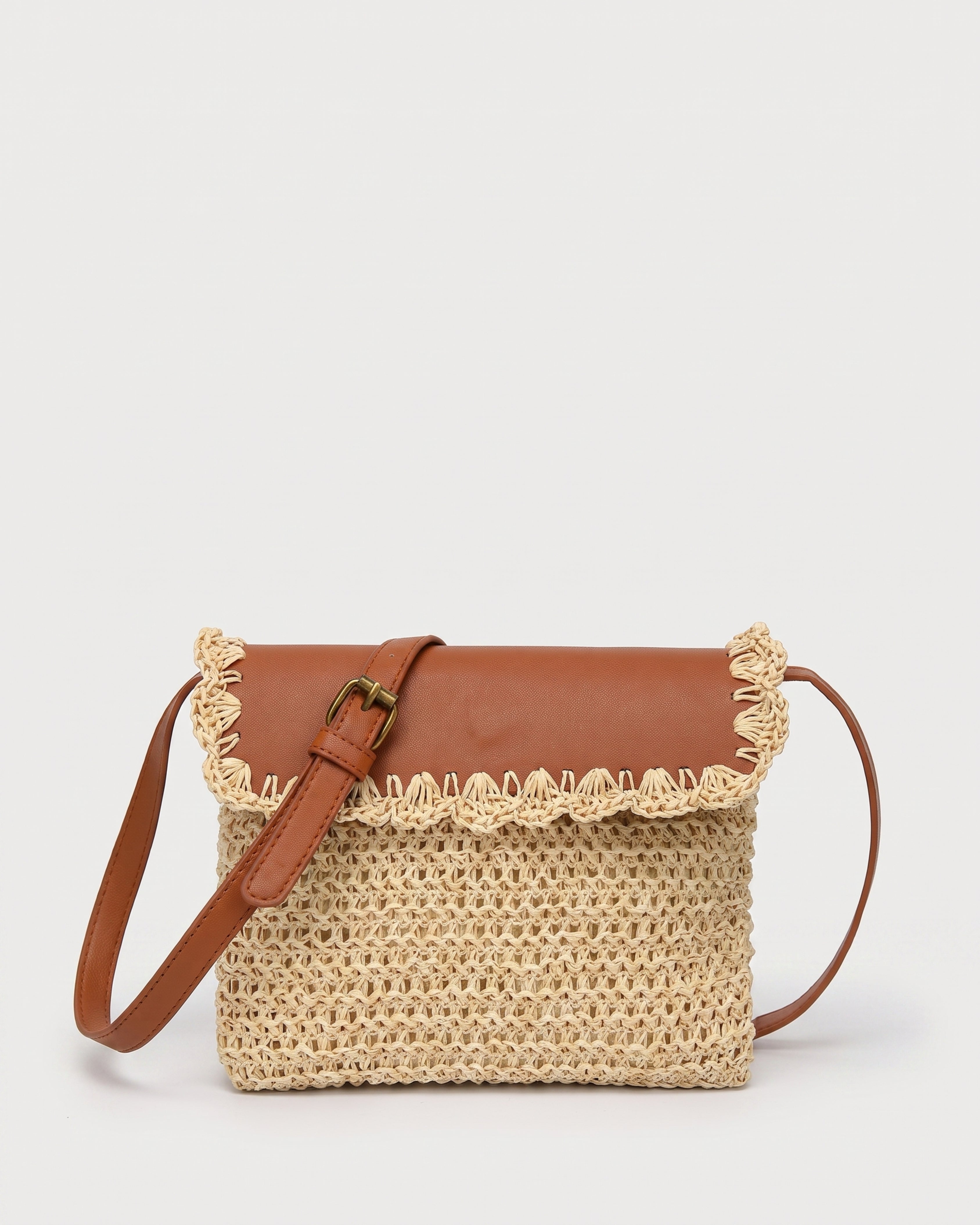 Woven Straw Crossbody Bag in beige with brown — front view, RABUKO