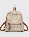 Woven Straw Backpack in beige — front view, RABUKO