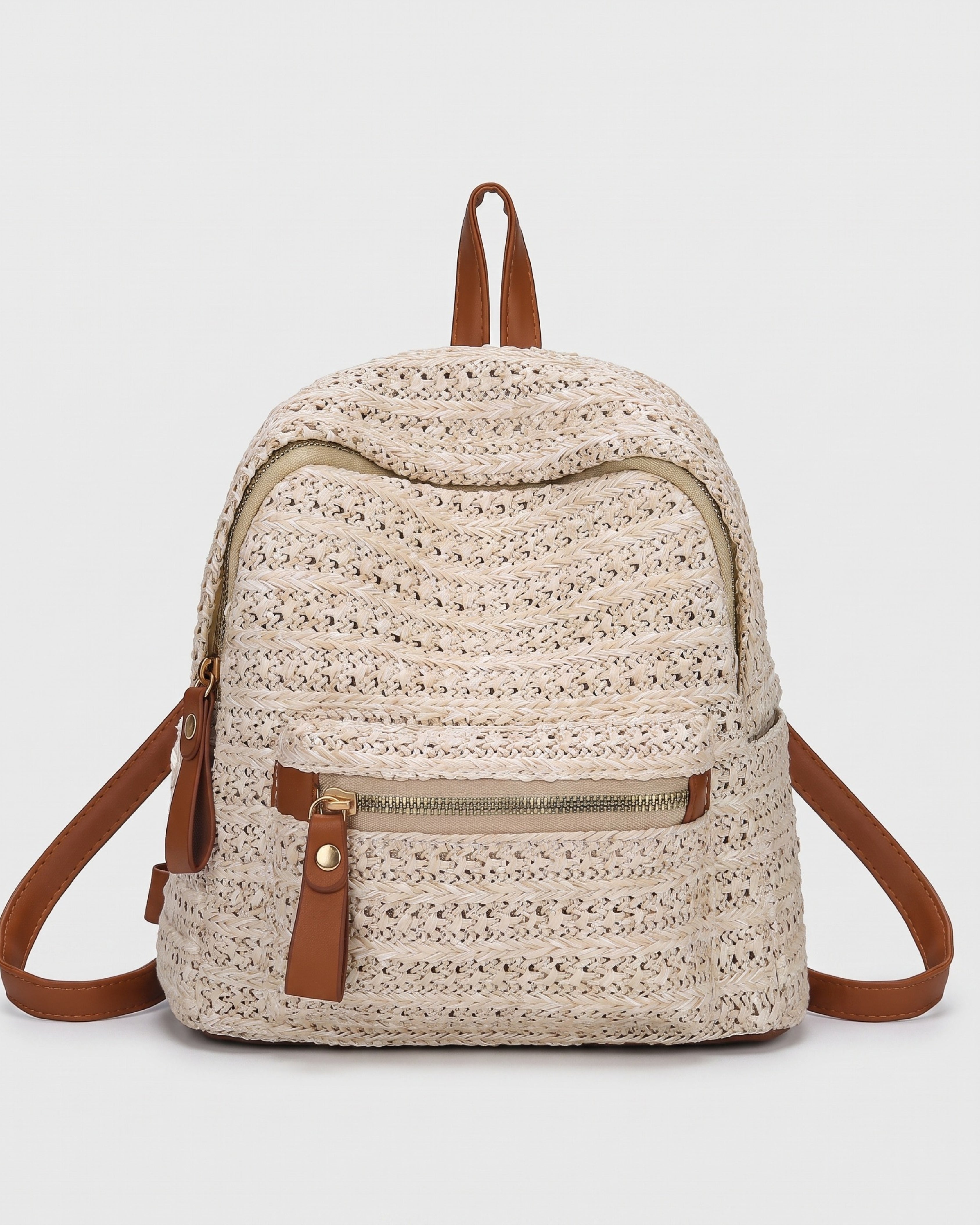 Woven Straw Backpack in beige — front view, RABUKO