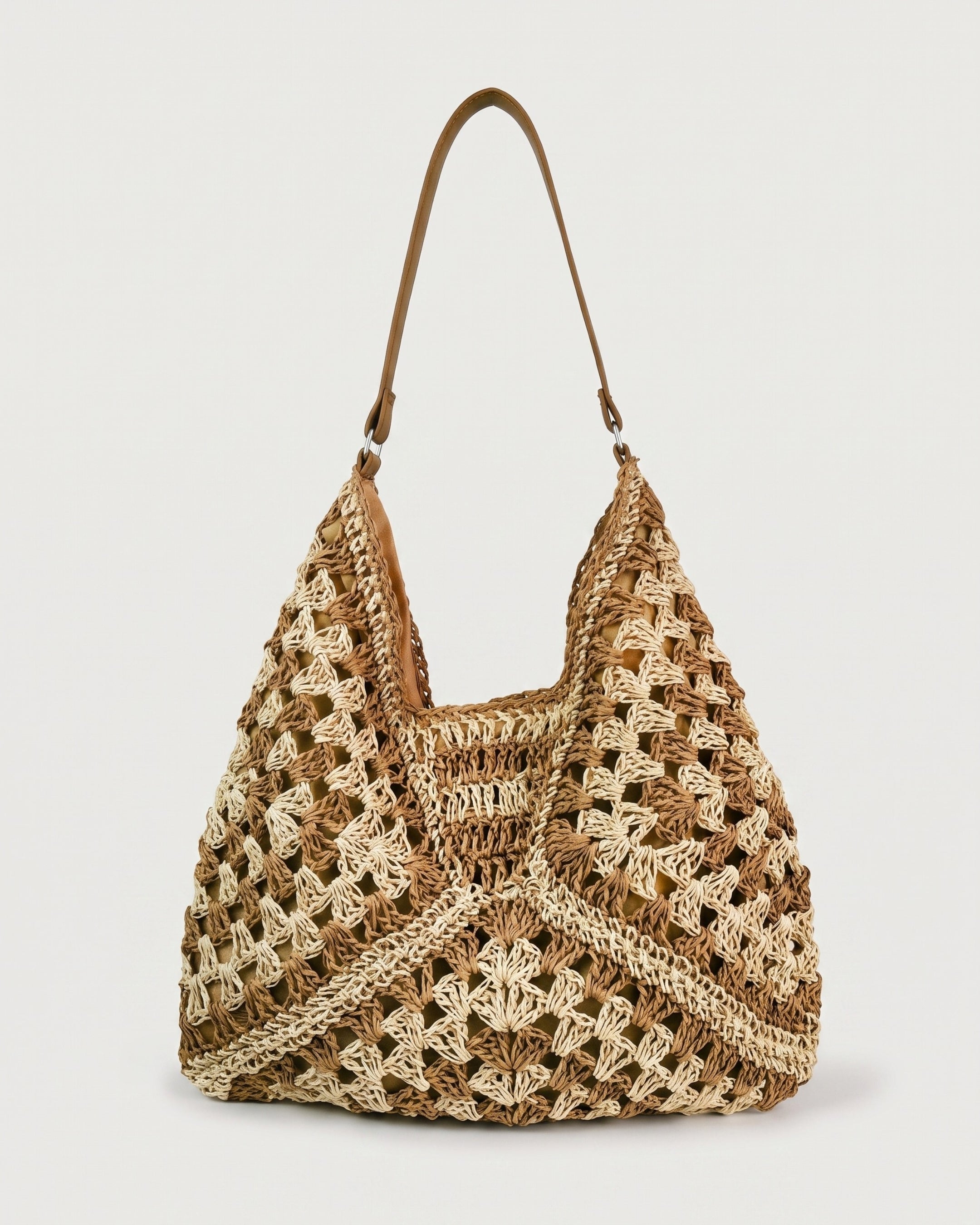 Cutout Straw Shoulder Bag in khaki beige — front view, RABUKO