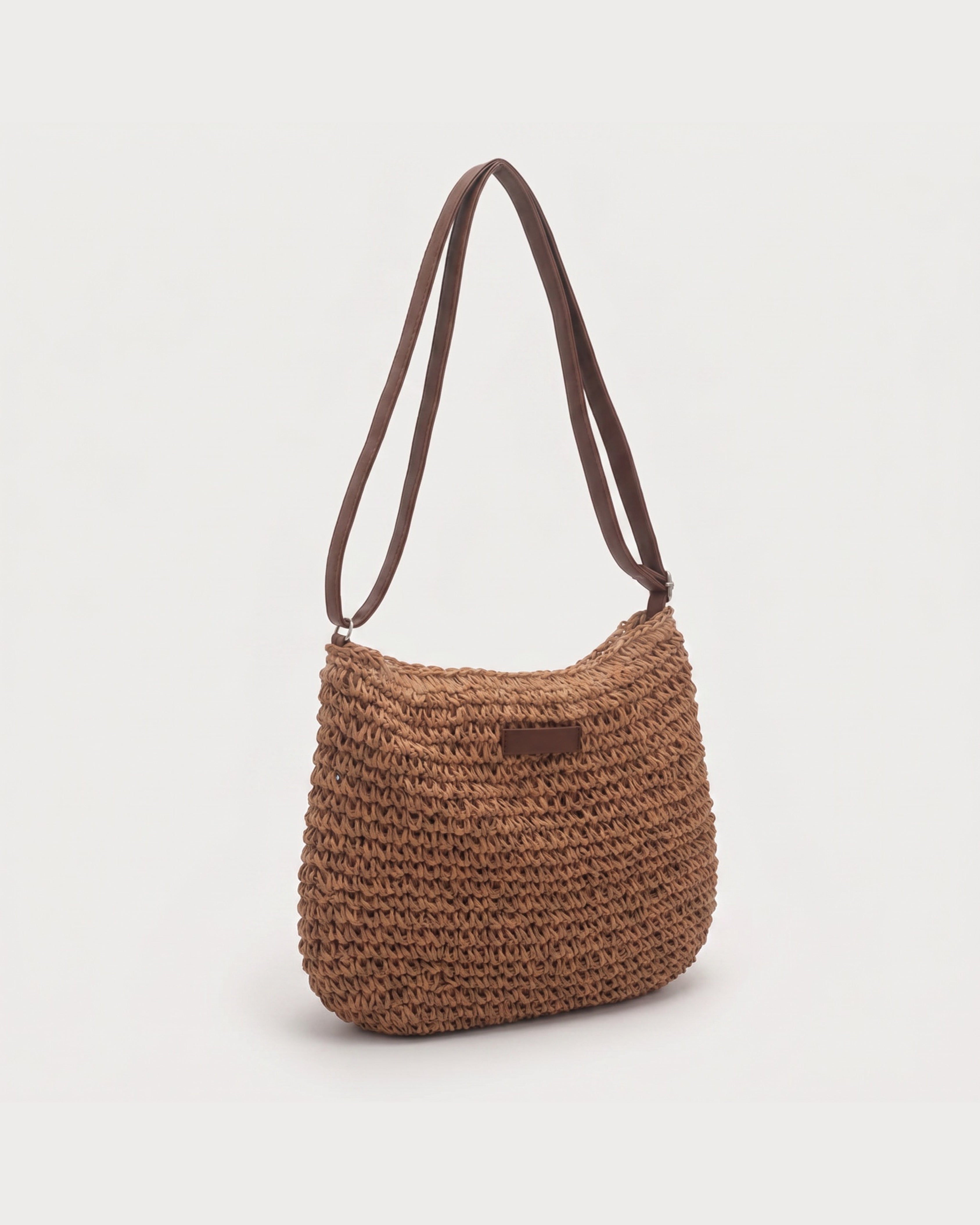 Raffia-Effect Tote Bag in khaki — three-quarter view, RABUKO