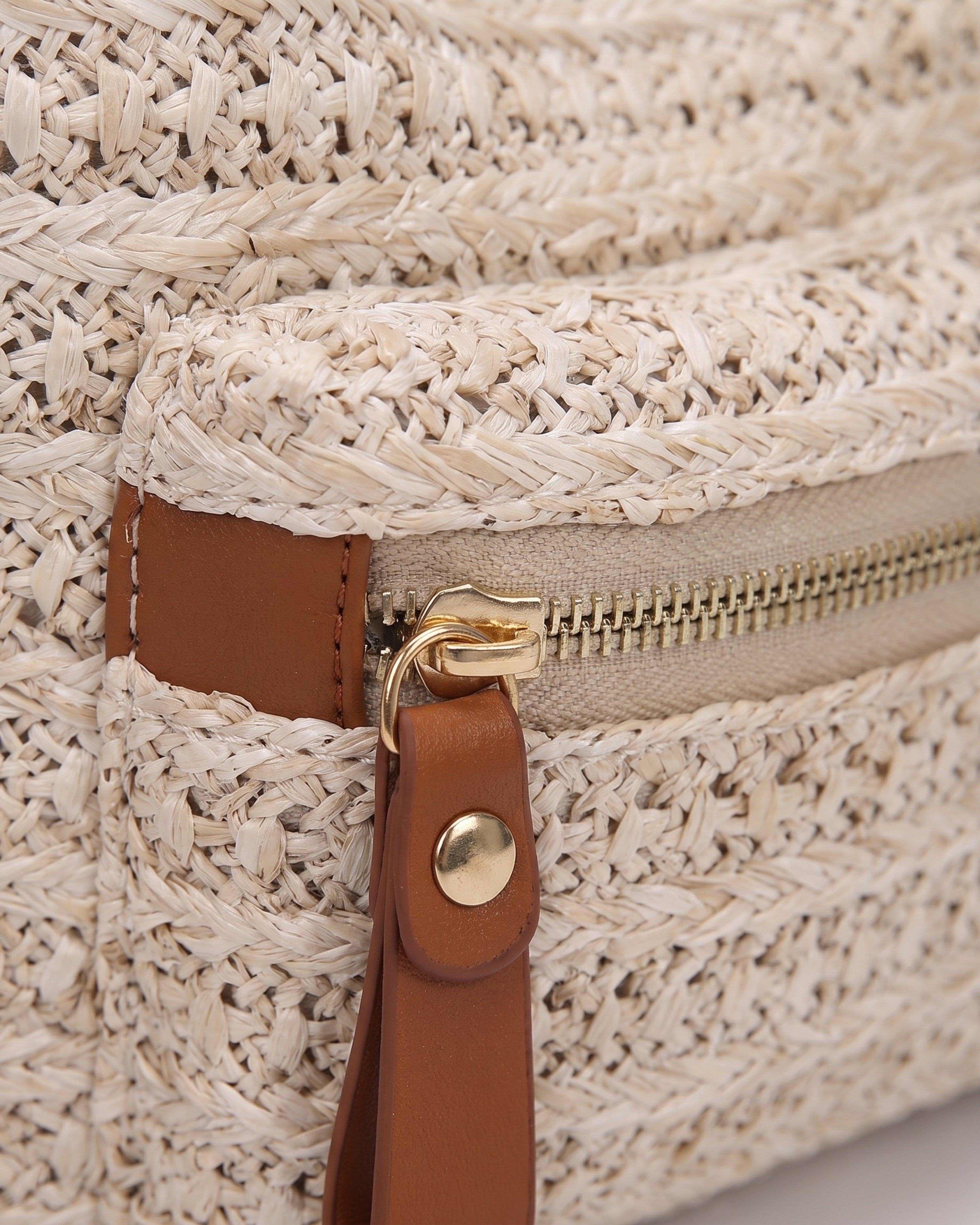 Woven Straw Backpack in beige — weave detail, RABUKO