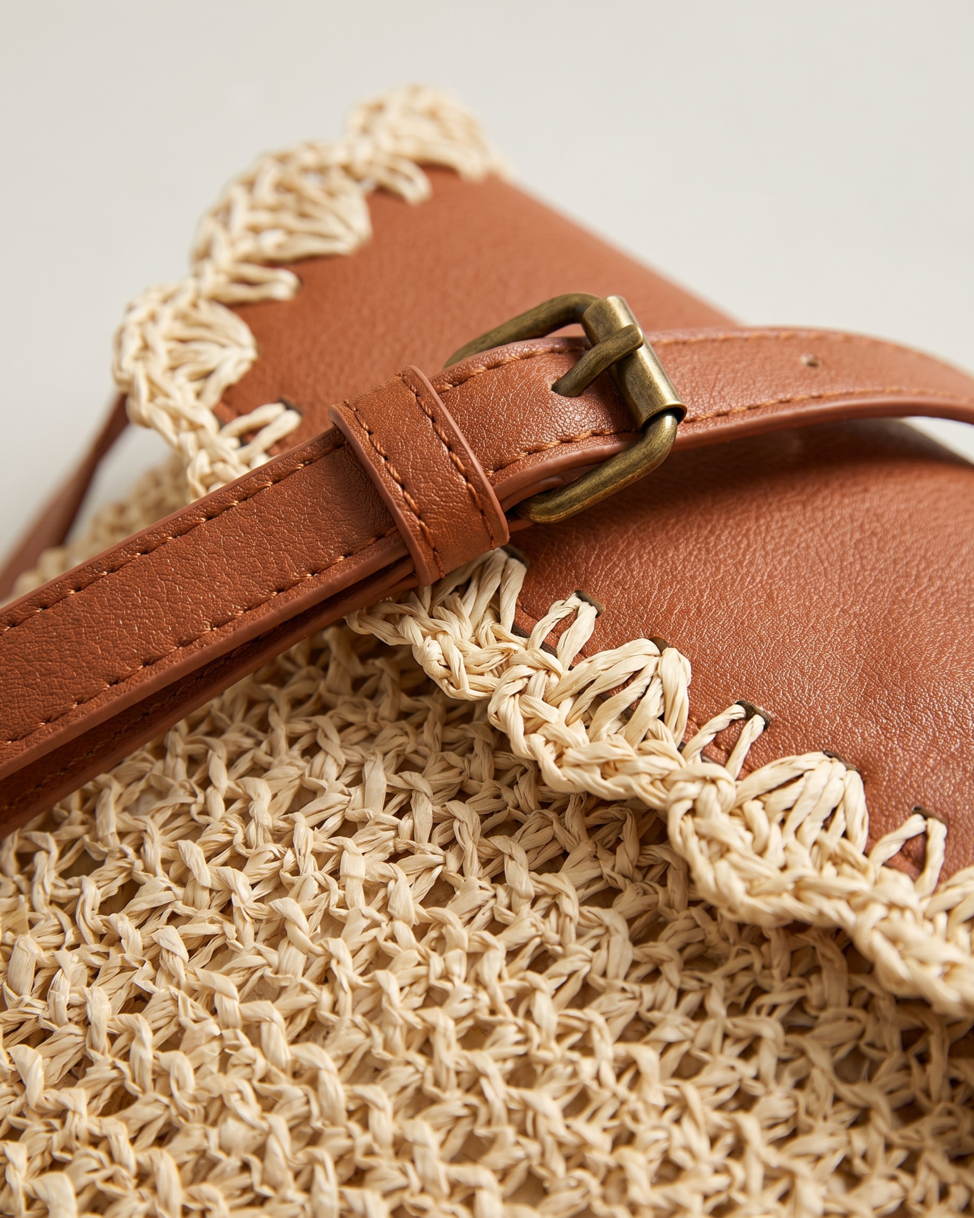 Woven Straw Crossbody Bag in beige with brown — weave detail, RABUKO