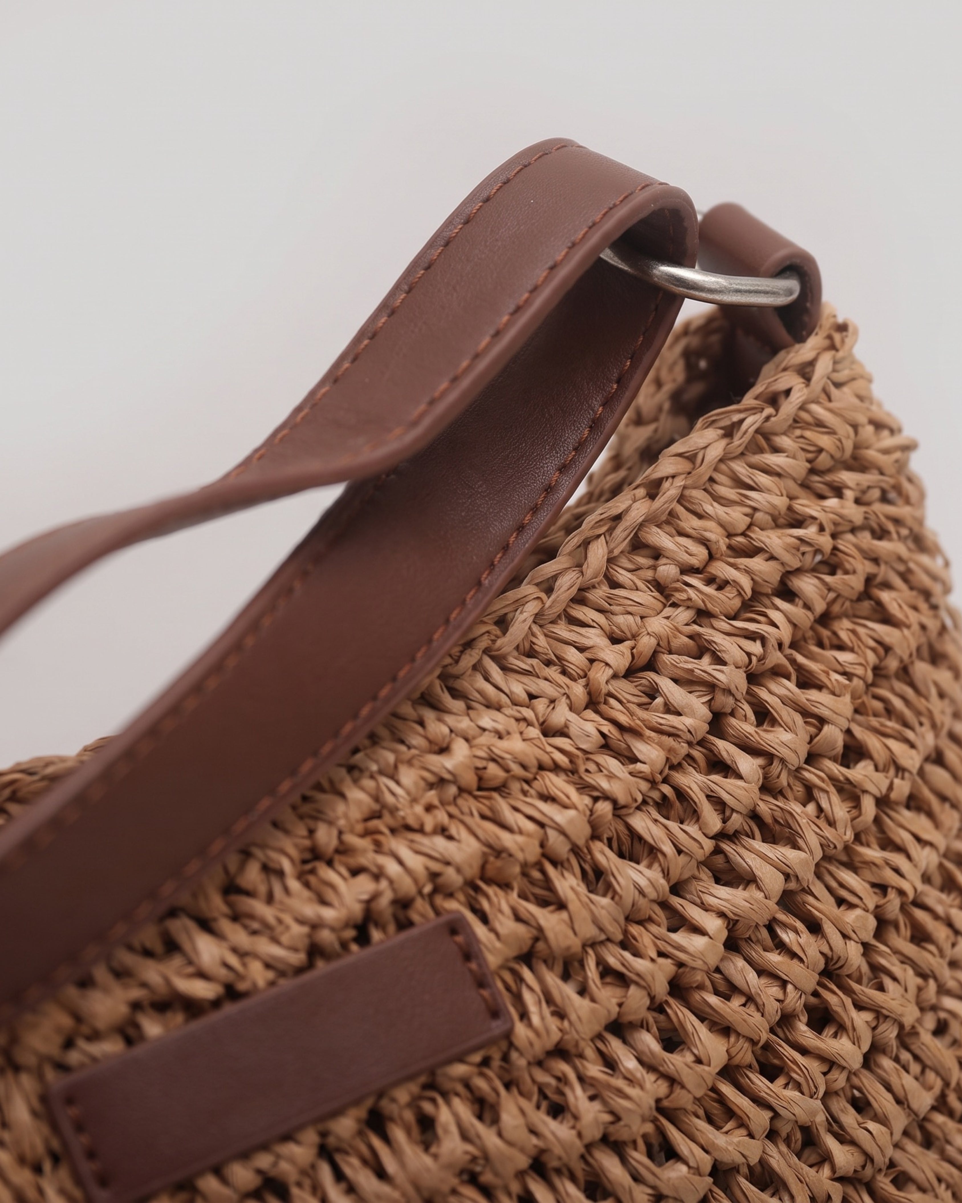 Raffia-Effect Tote Bag in khaki — weave detail, RABUKO
