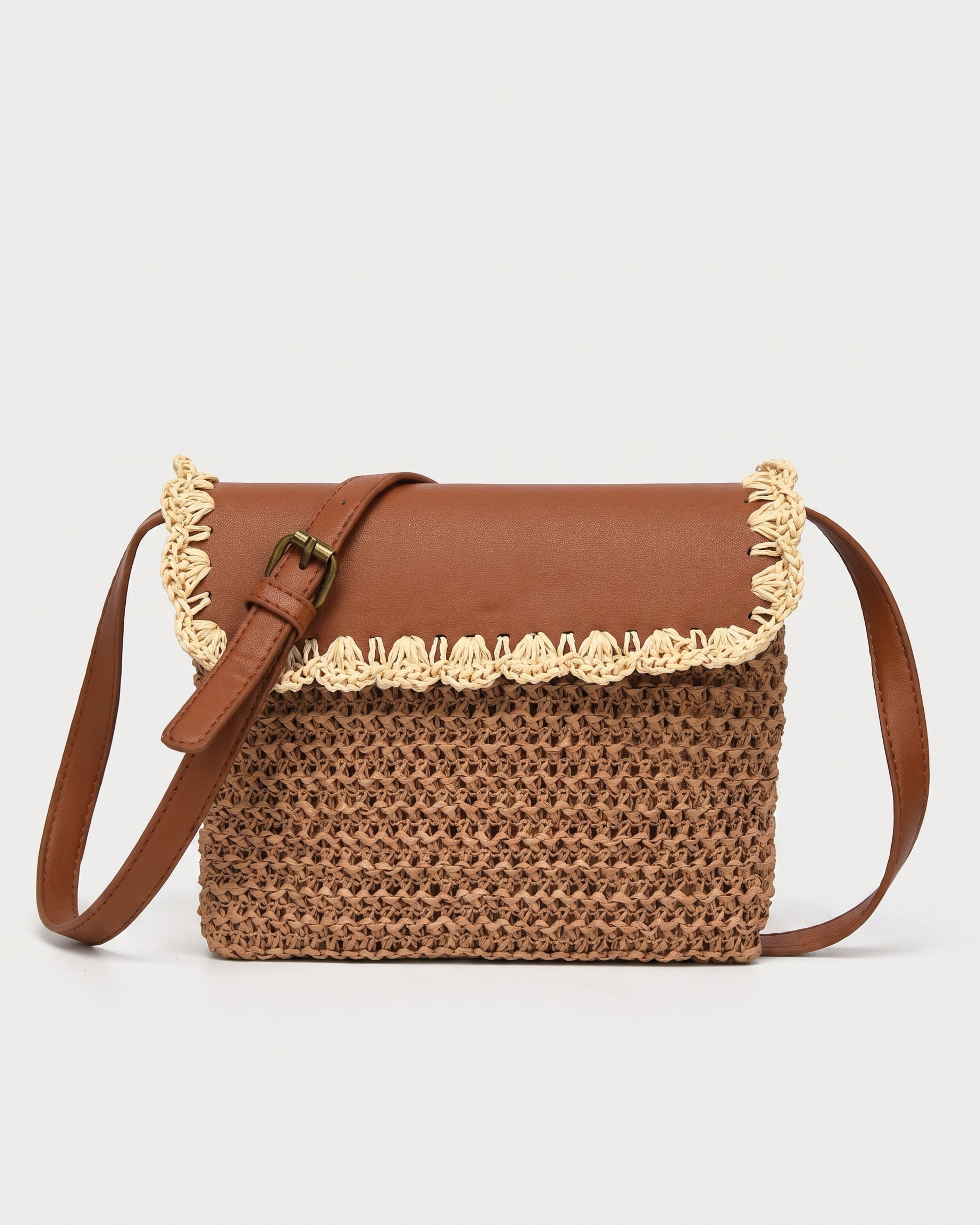 Woven Straw Crossbody Bag in brown — front view, RABUKO