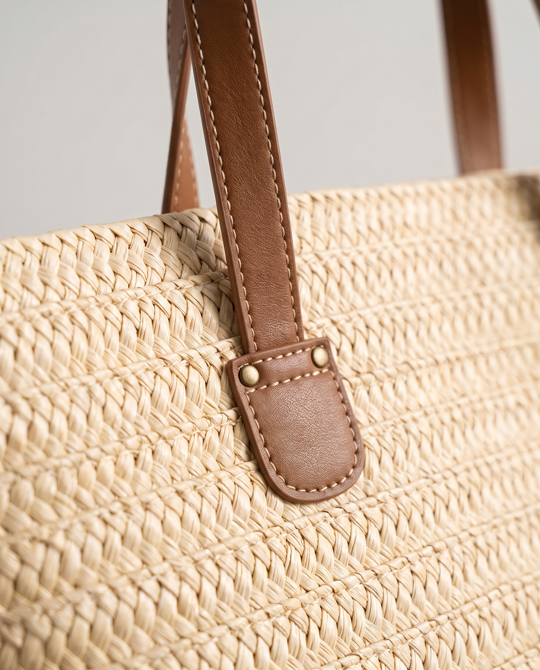 Contrast straw tote in beige — weave detail, RABUKO