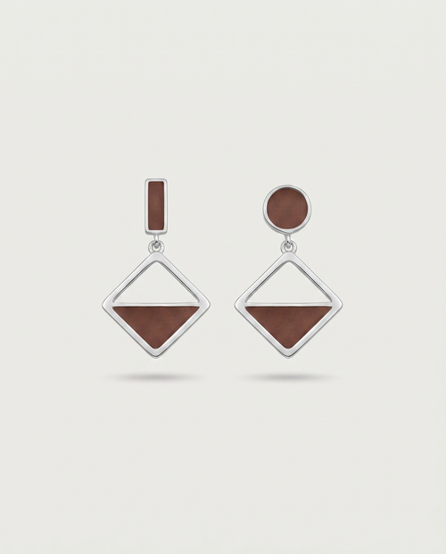 Asymmetric frosted heart earrings — front view, RABUKO