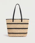 Striped Straw Shoulder Bag in black — front view, RABUKO