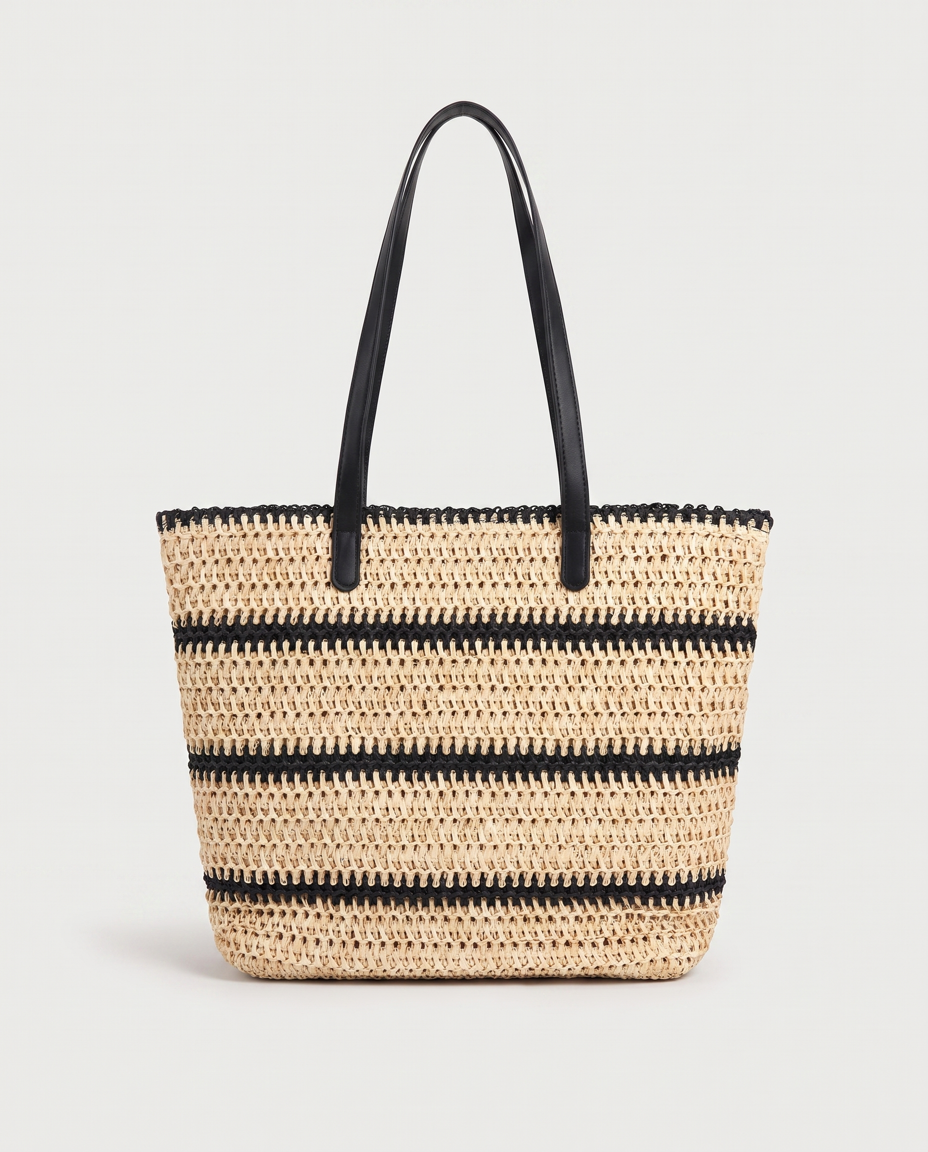 Striped Straw Shoulder Bag in black — front view, RABUKO