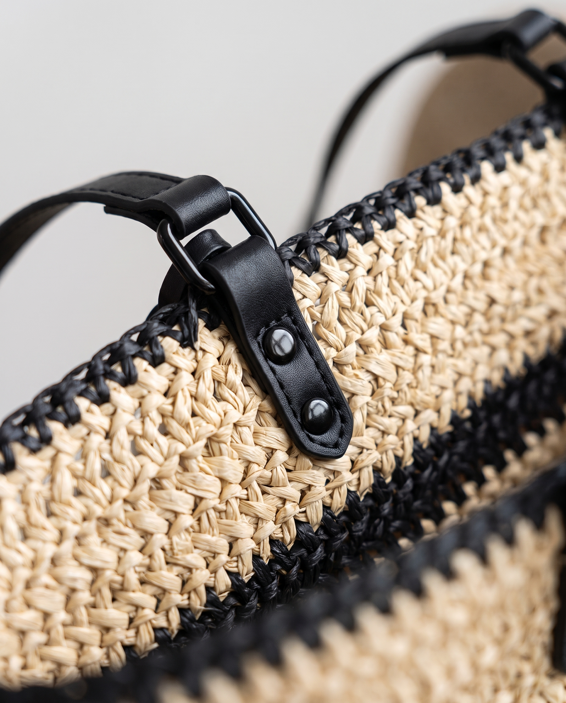 Striped Straw Shoulder Bag in black — weave texture detail, RABUKO