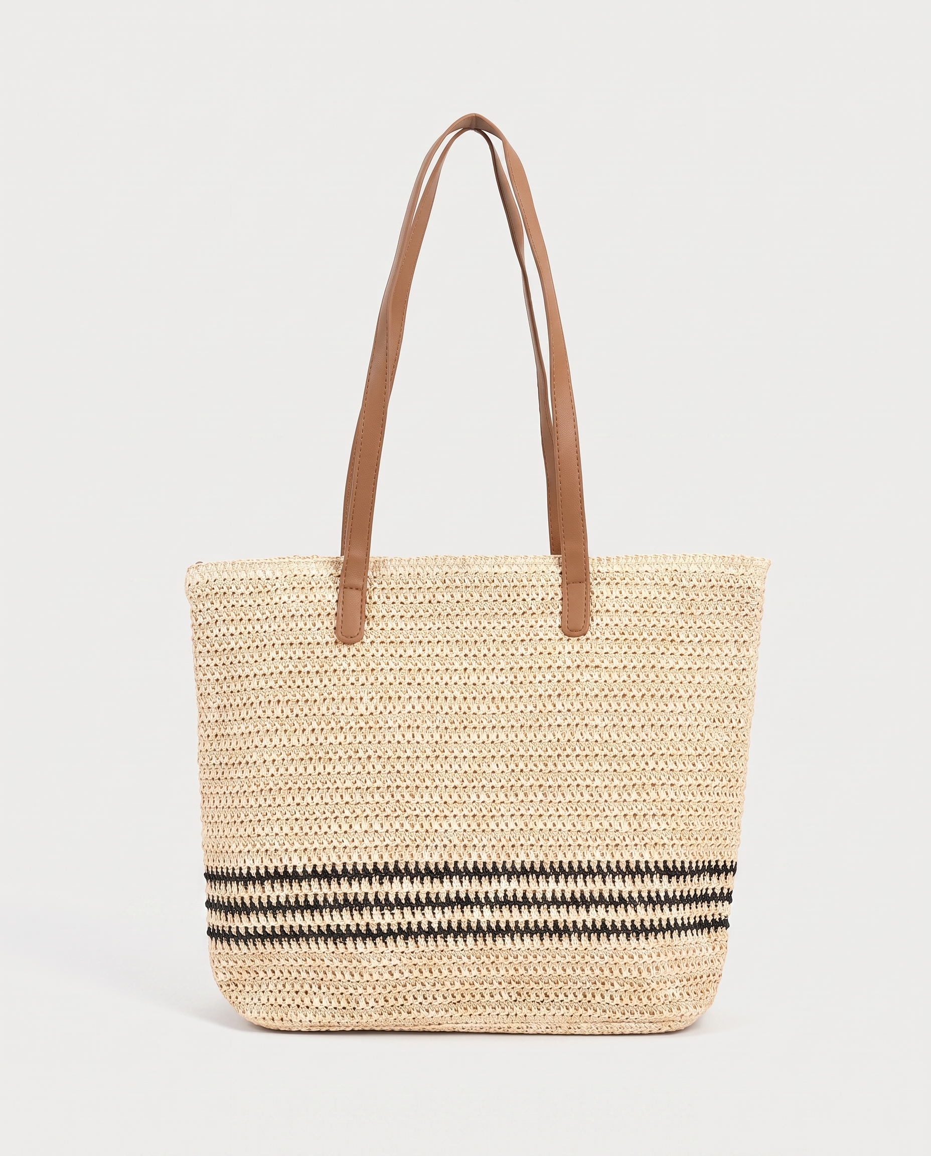 Striped Straw Shoulder Bag in khaki — front view, RABUKO