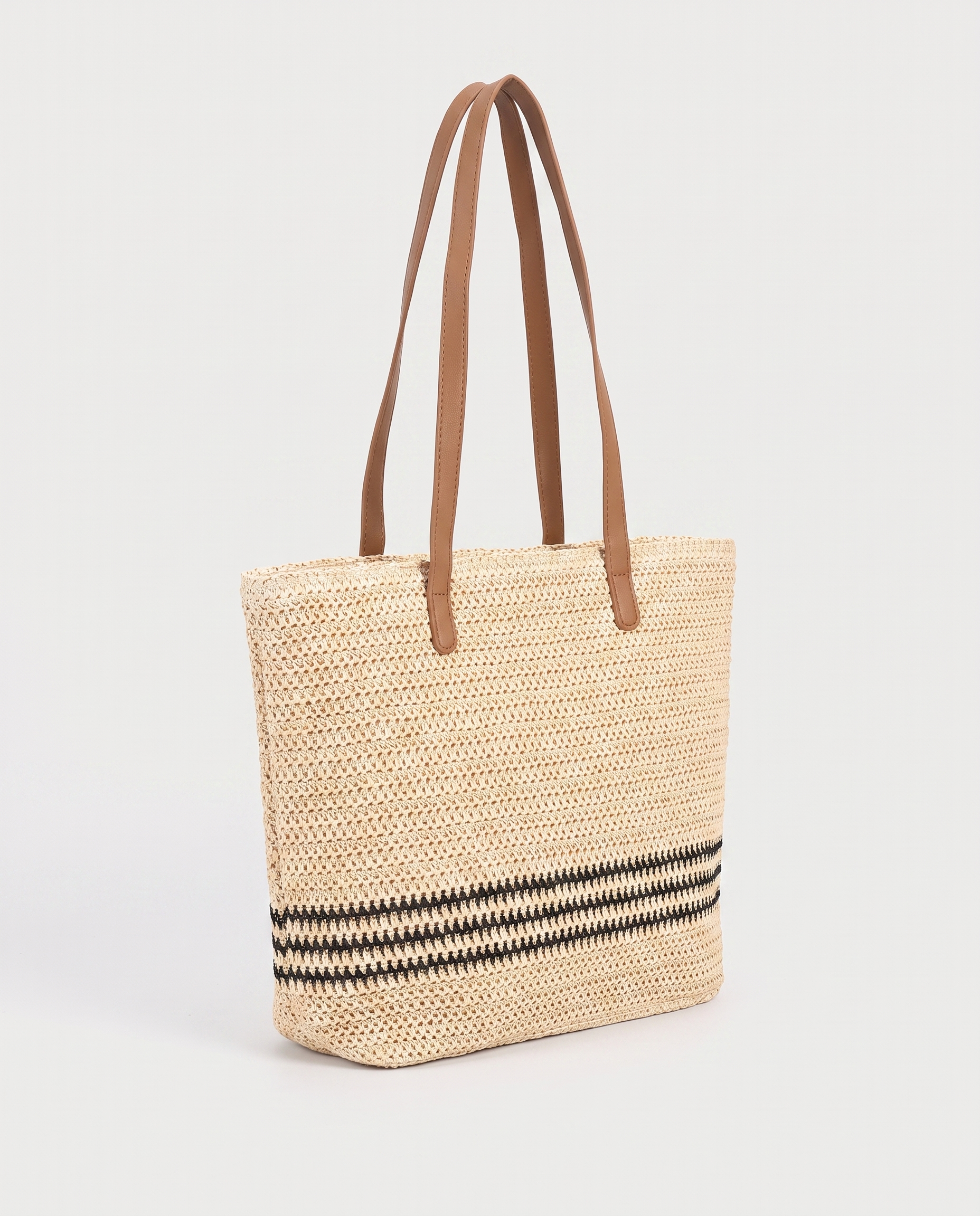 Striped Straw Shoulder Bag in khaki — three-quarter view, RABUKO