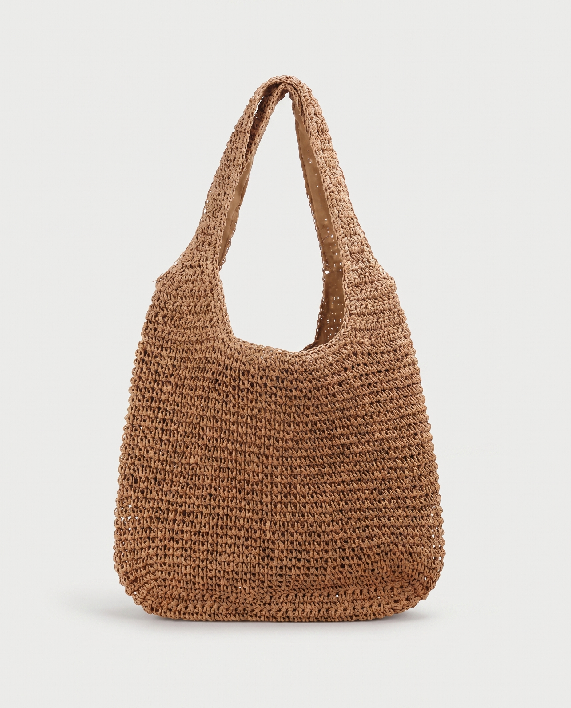 Large Woven Straw Bag in brown — front view, RABUKO