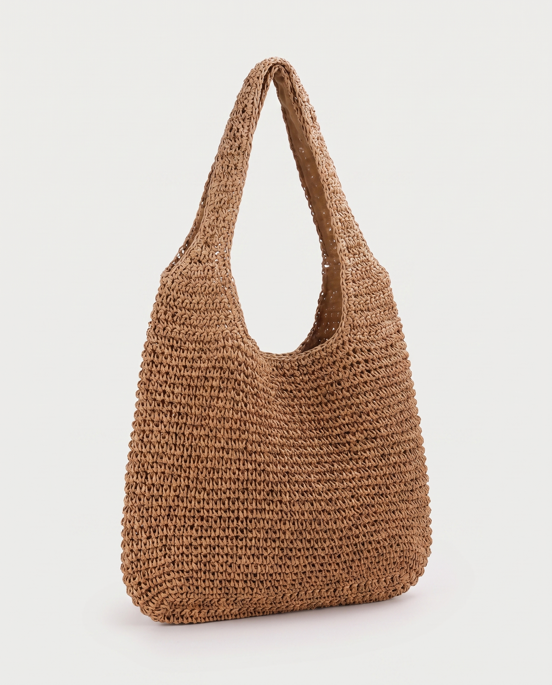 Large Woven Straw Bag in brown — three-quarter view, RABUKO