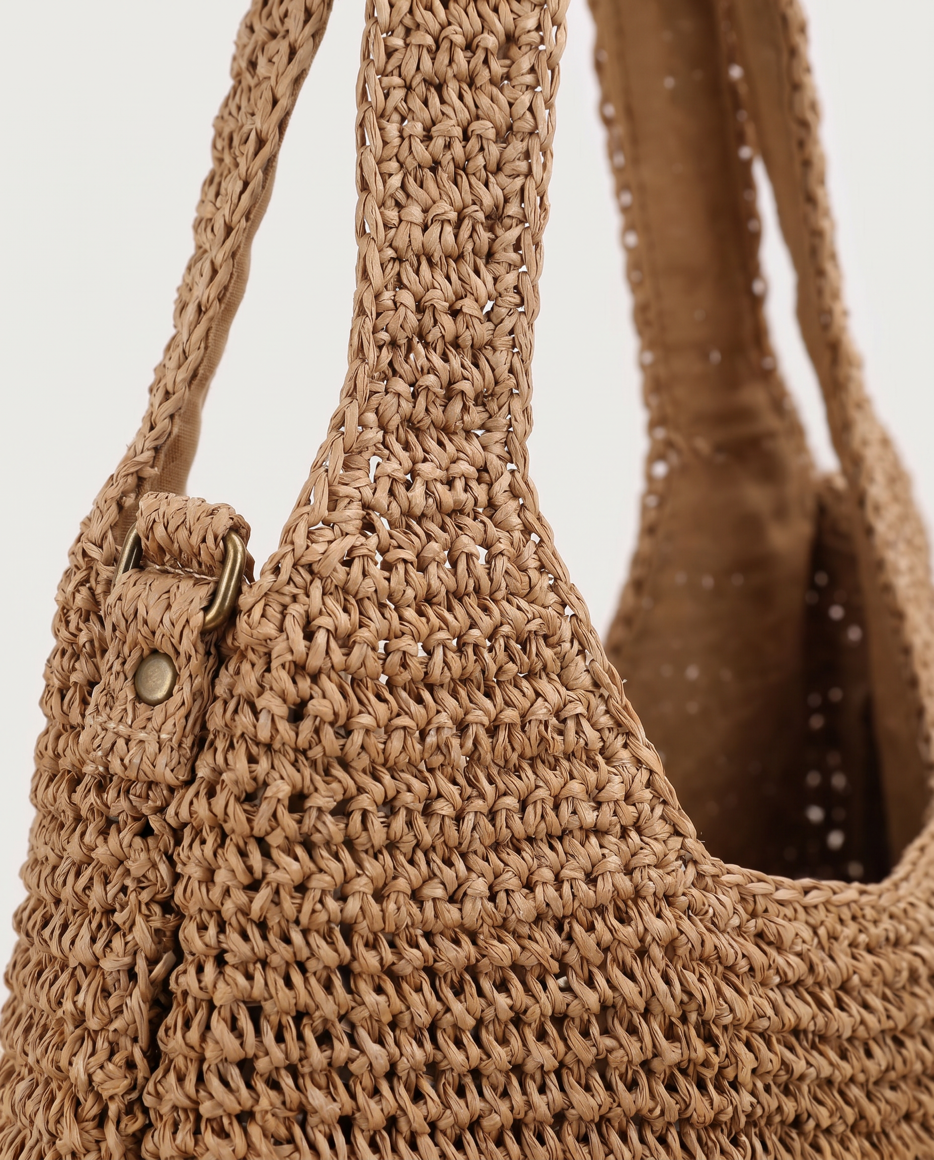 Large Woven Straw Bag in brown — weave texture detail, RABUKO