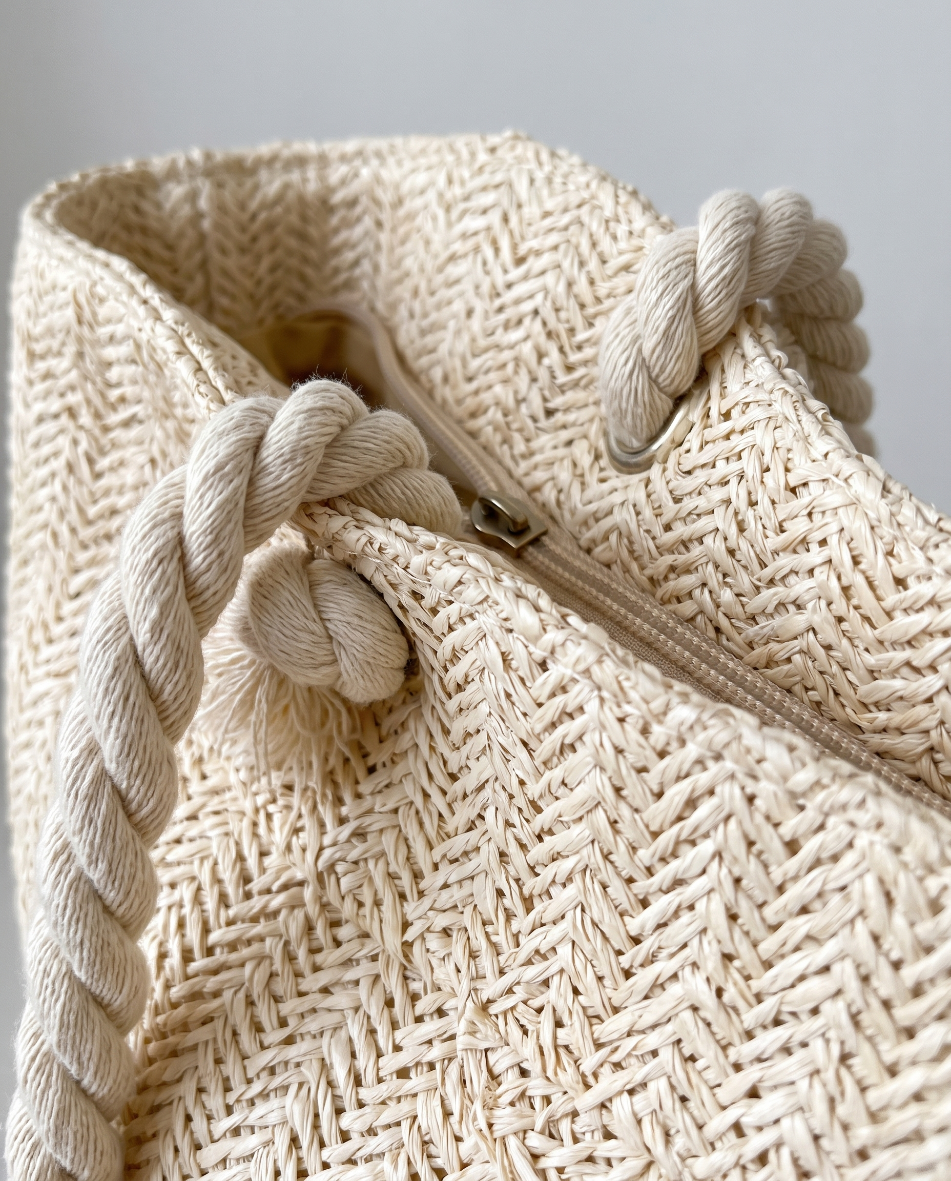 Large Straw Flap Bag in white — weave texture detail, RABUKO