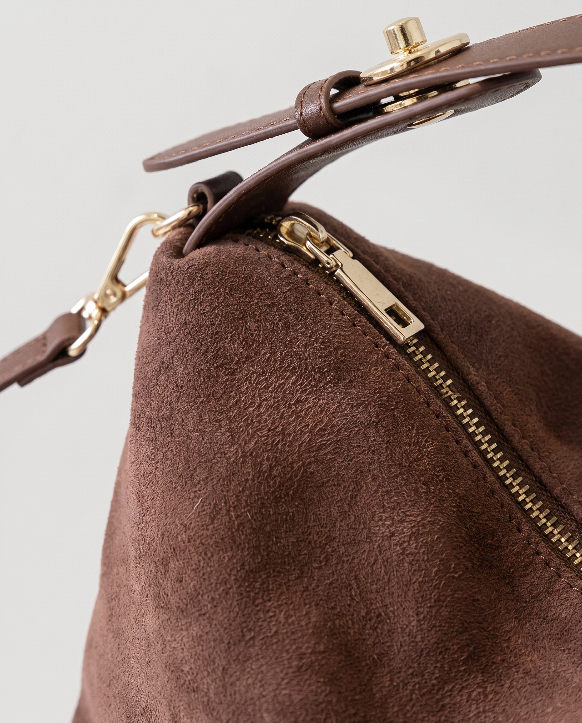 Boston Shoulder Bag in coffee — material and stitching detail, RABUKO