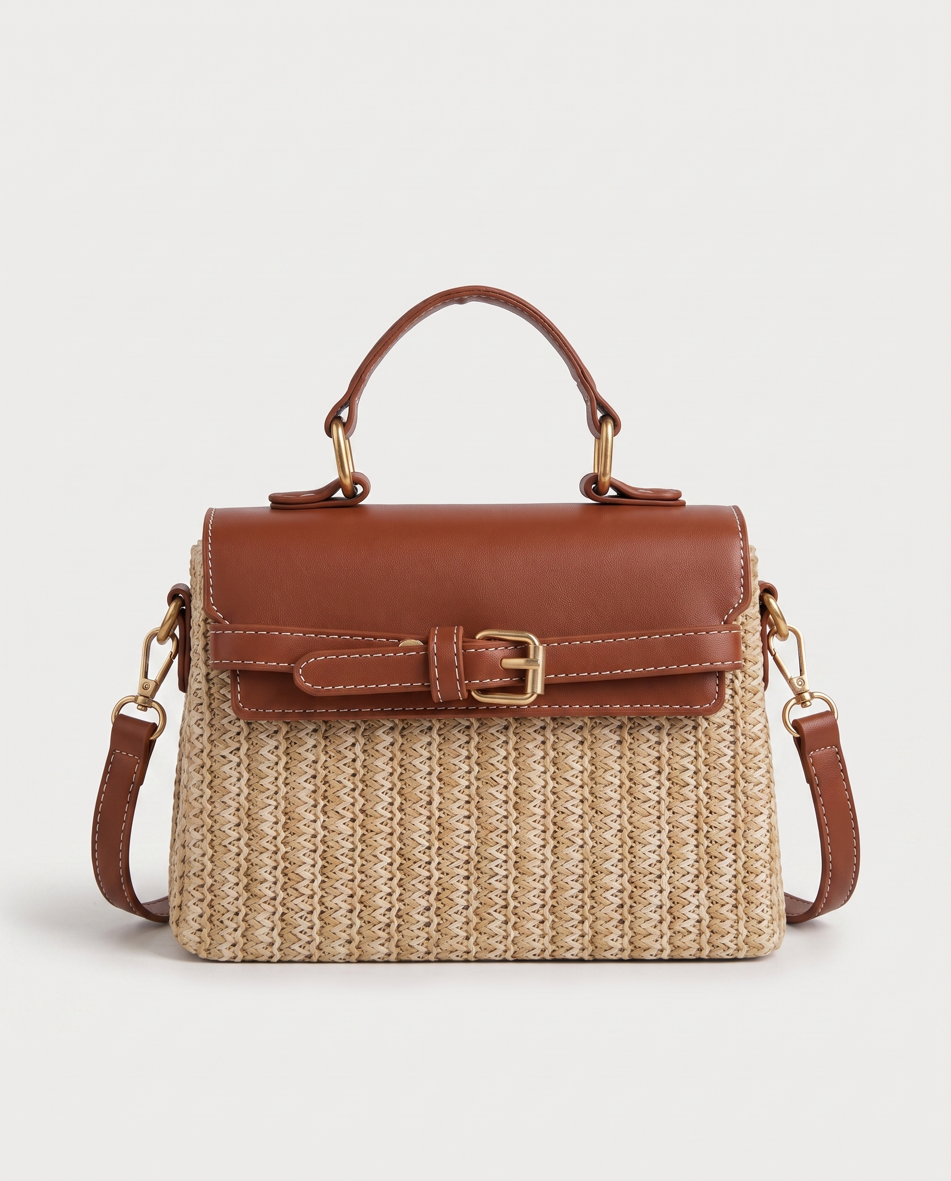 Wicker Box Handbag in brown — front view, RABUKO