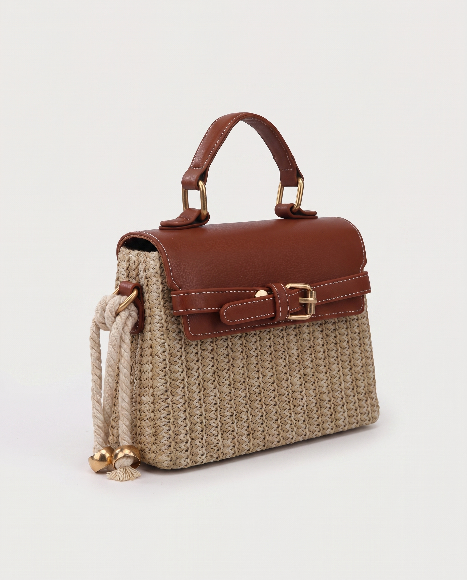 Wicker Box Handbag in brown — three-quarter view, RABUKO