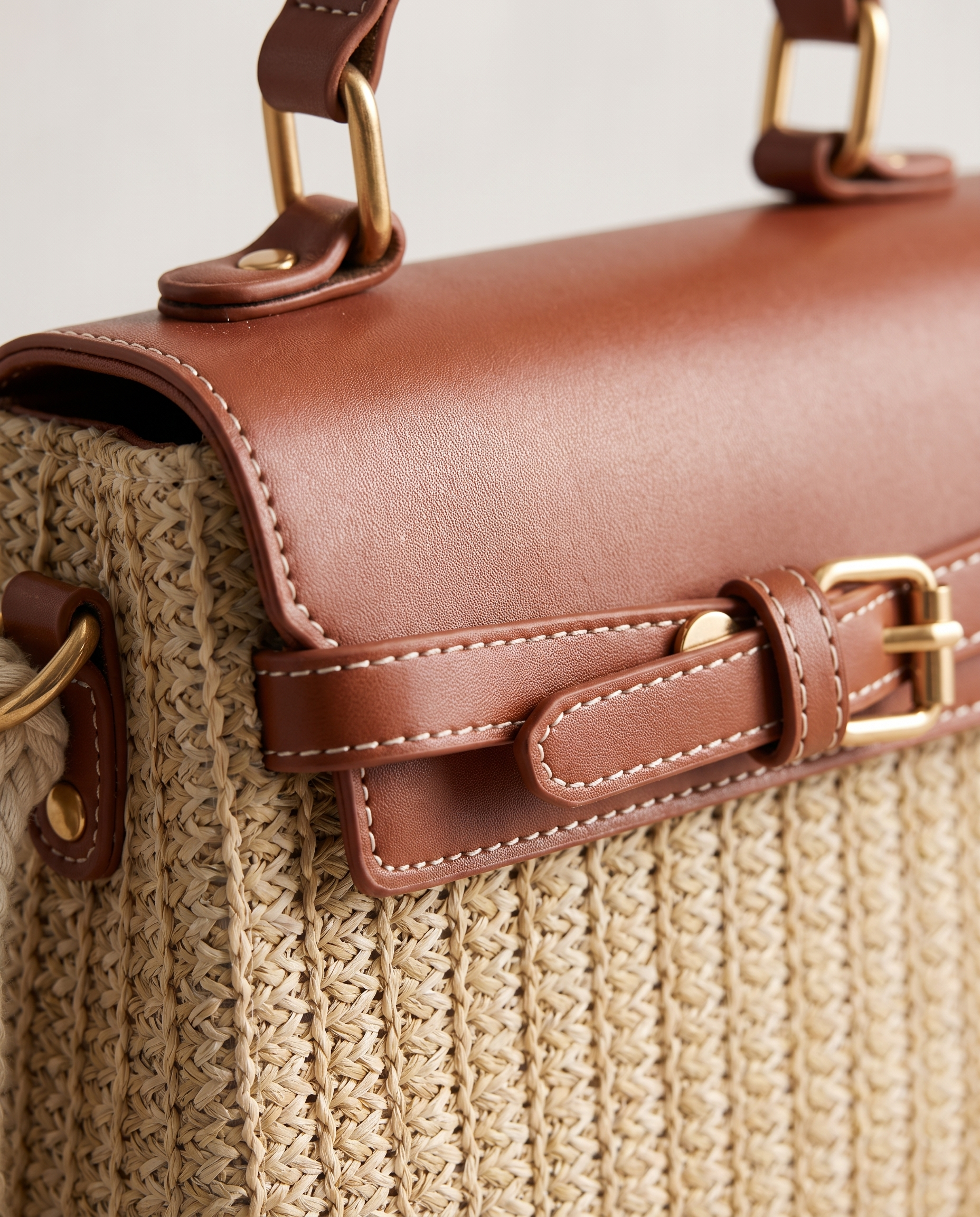 Wicker Box Handbag in brown — wicker texture detail, RABUKO