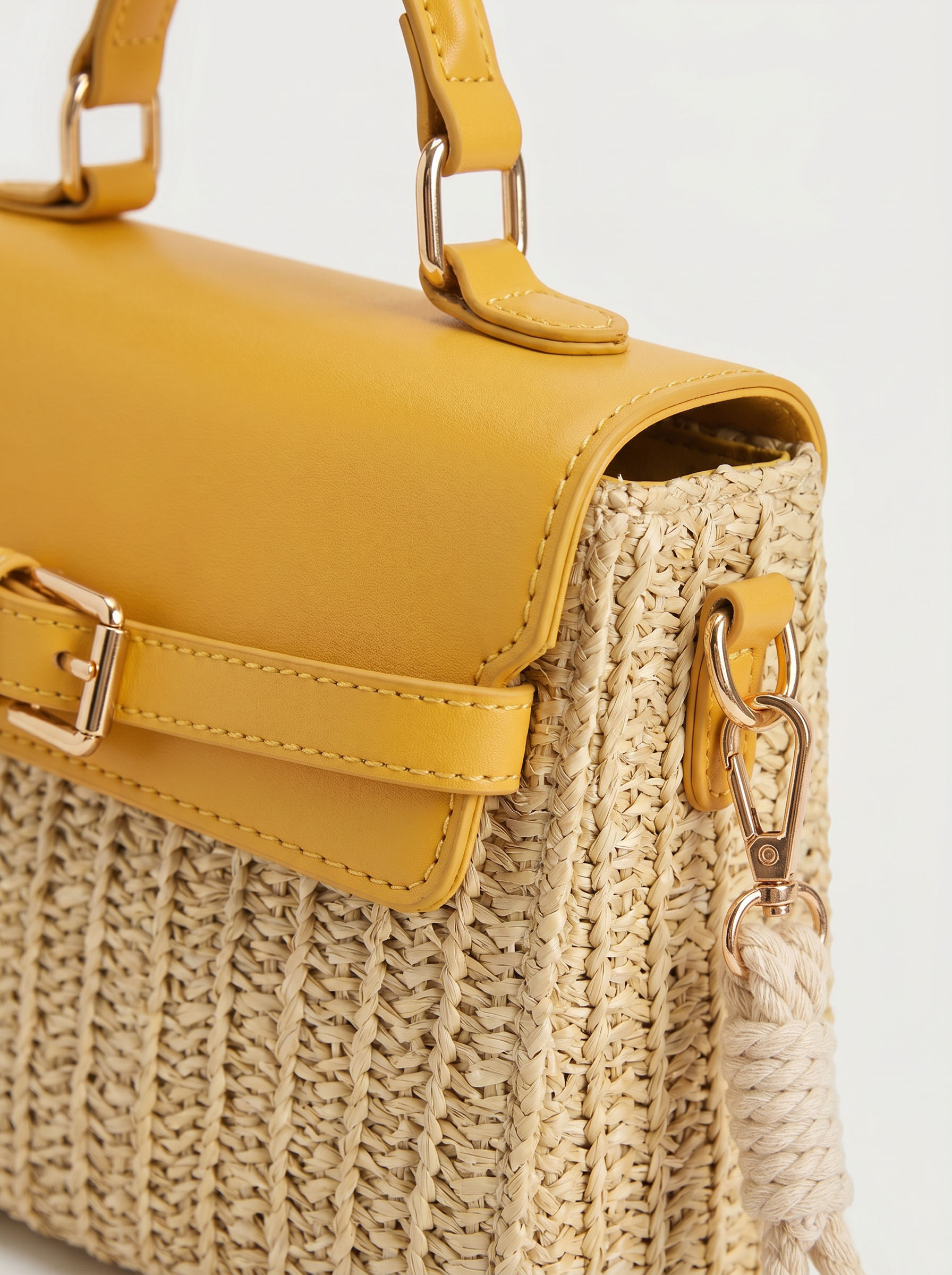 Wicker Box Handbag in yellow — wicker texture detail, RABUKO