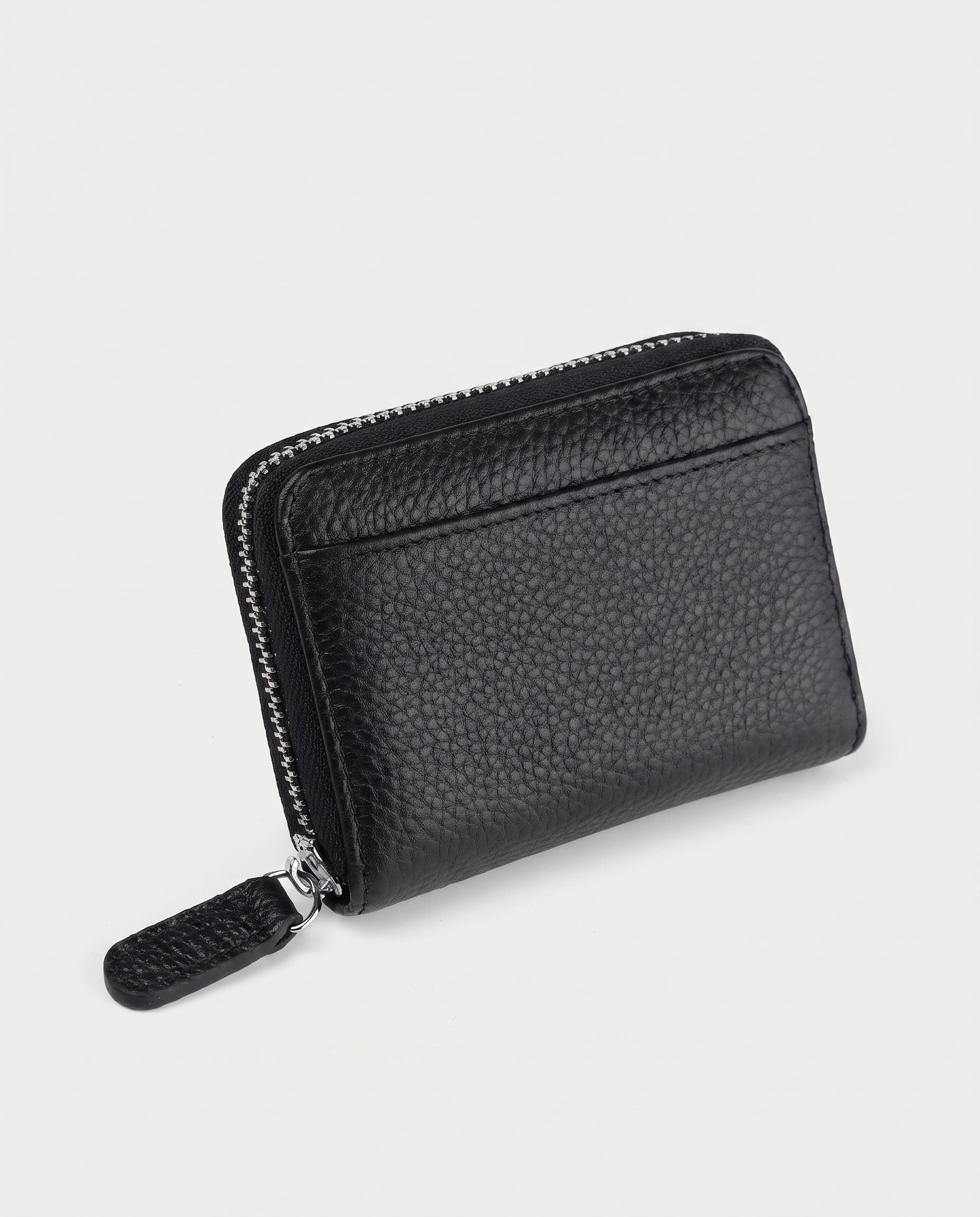 RFID Leather Card Wallet in black — three-quarter view, RABUKO