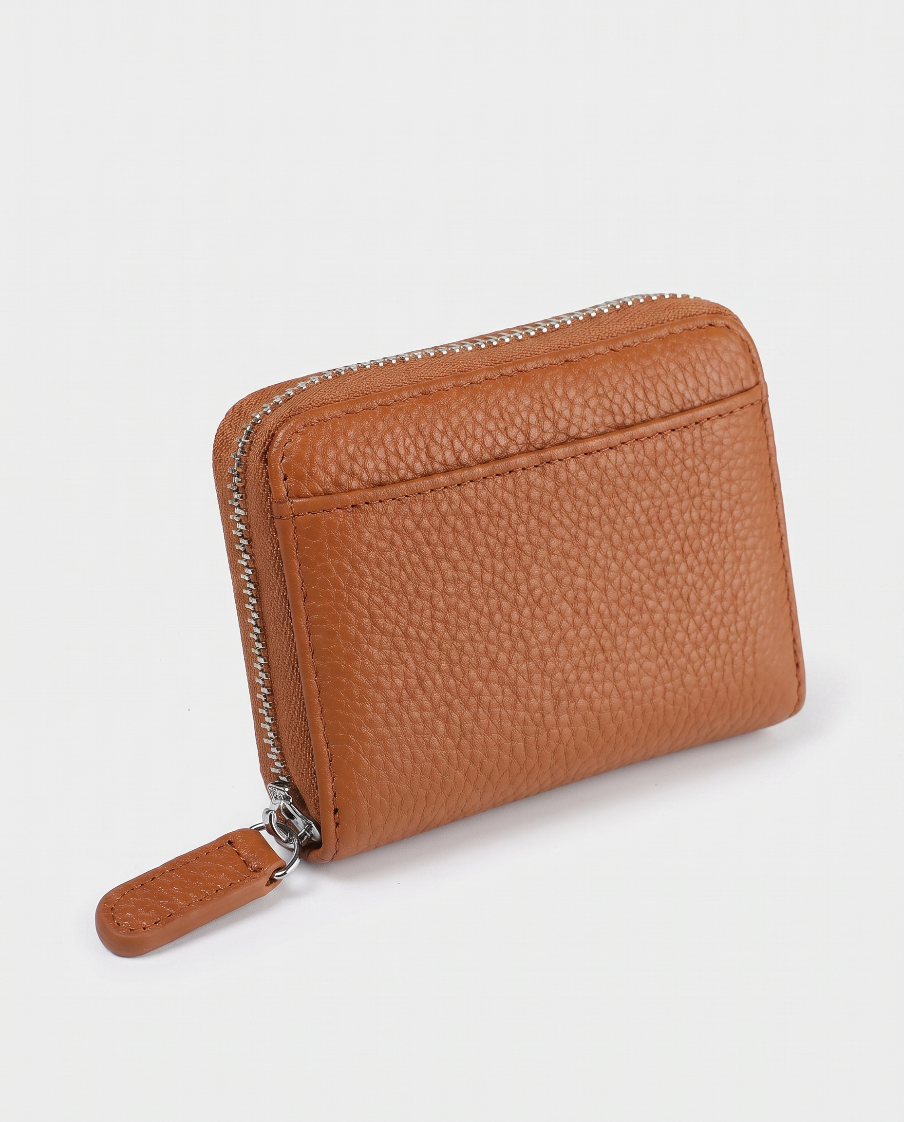 RFID Leather Card Wallet in brown — three-quarter view, RABUKO