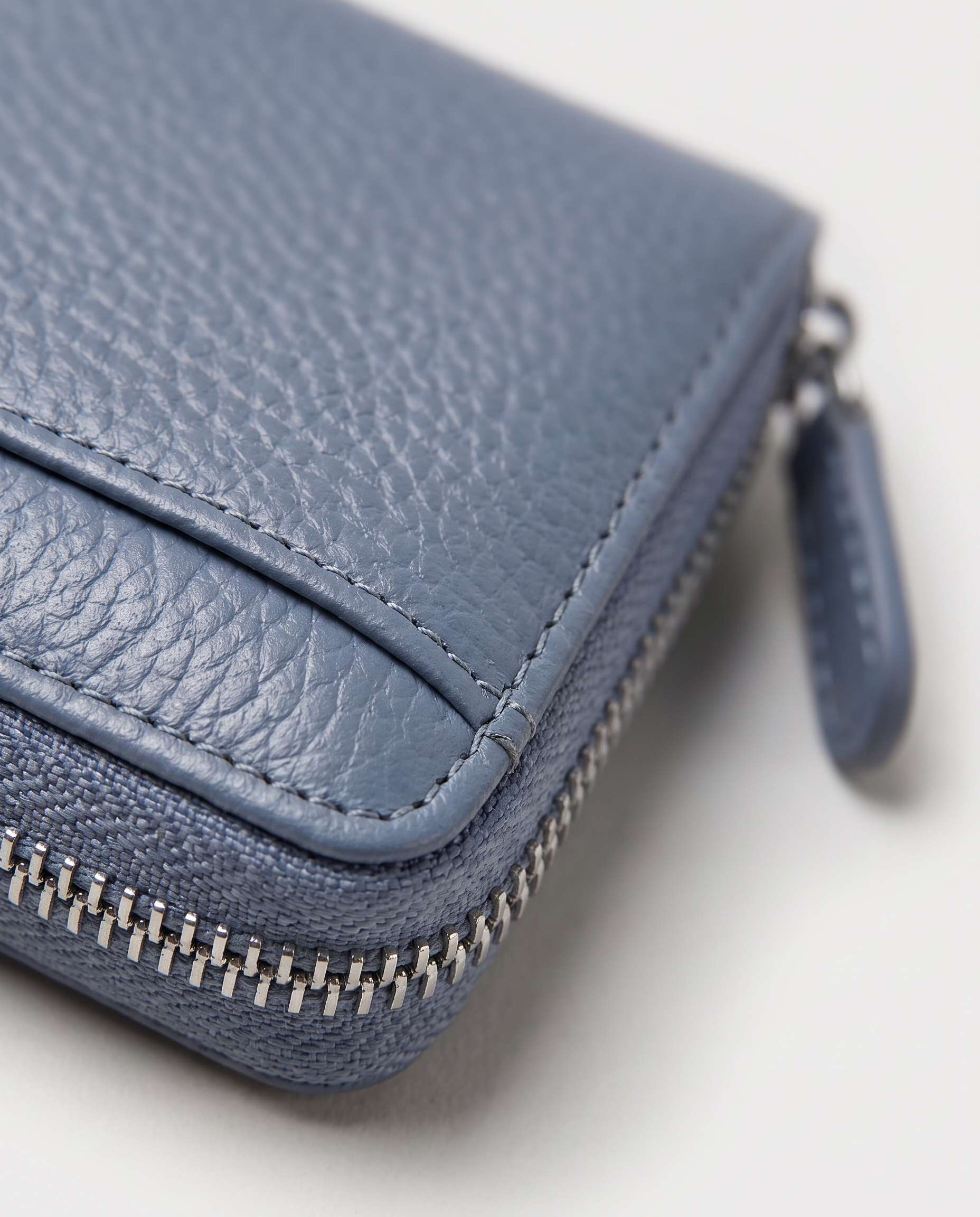 RFID Leather Card Wallet in blue — leather grain detail, RABUKO