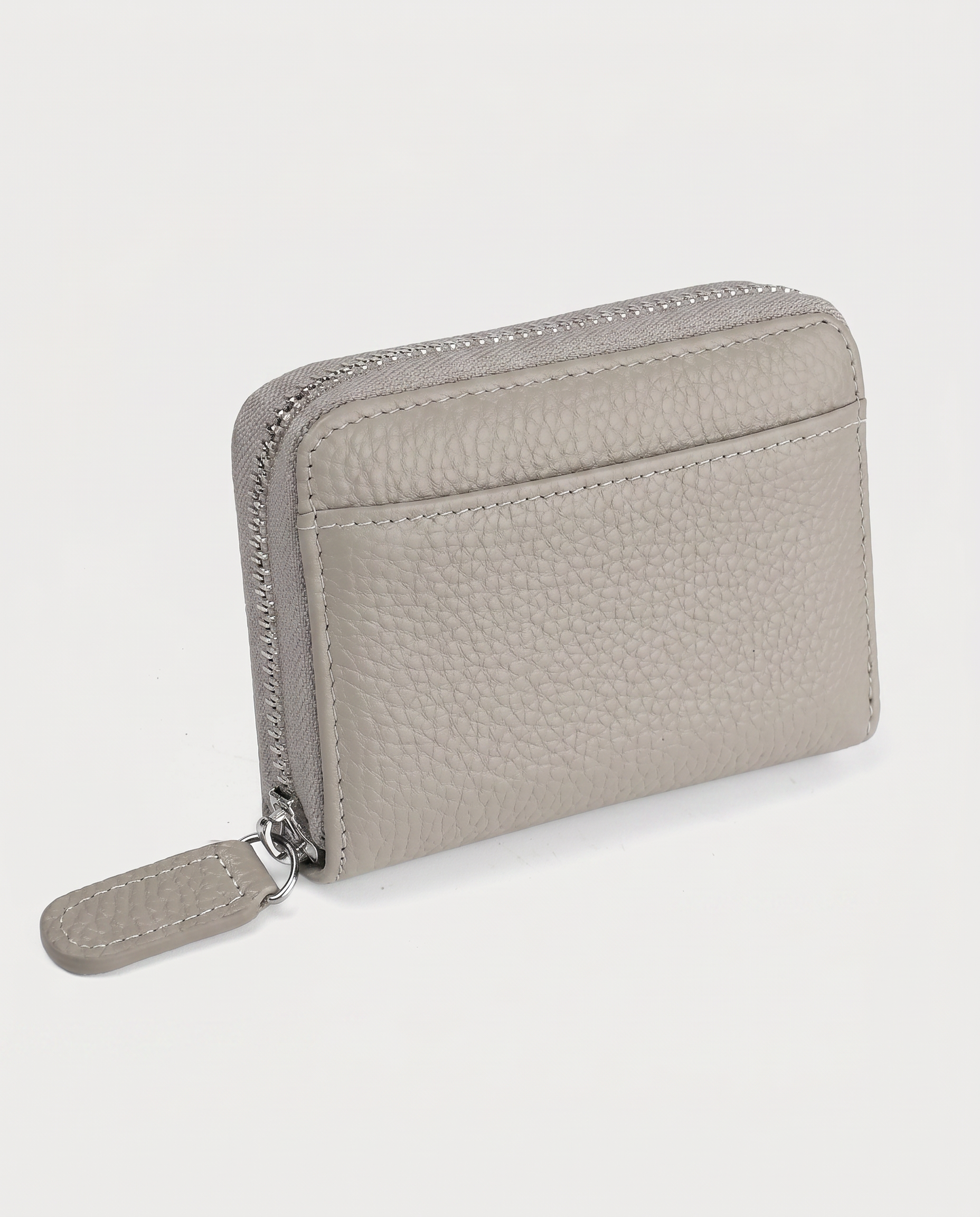 RFID Leather Card Wallet in gray — three-quarter view, RABUKO