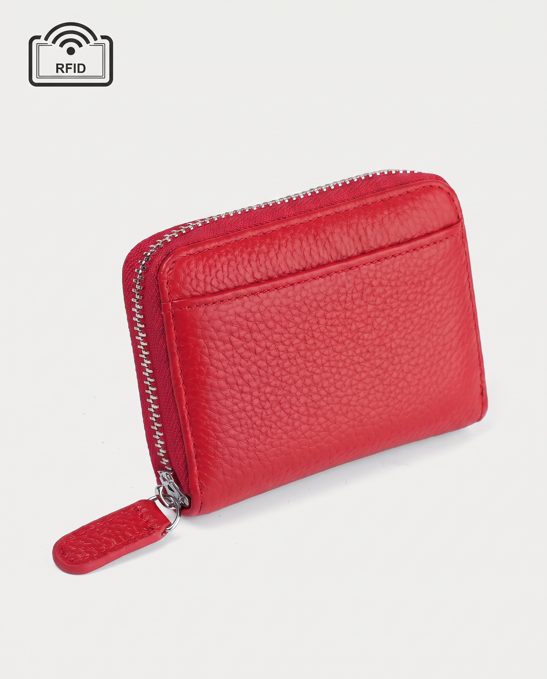 RFID Leather Card Wallet in red — three-quarter view, RABUKO