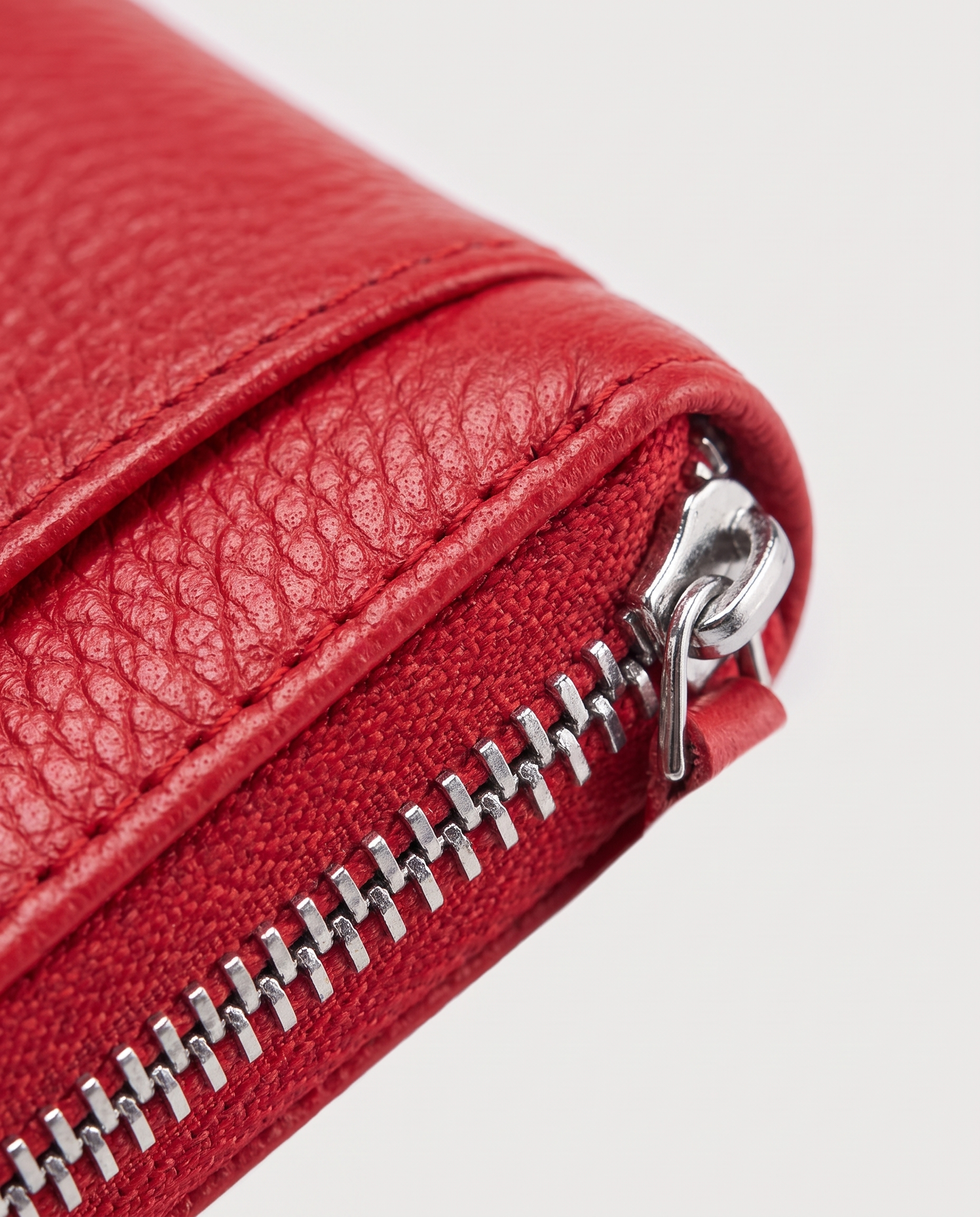 RFID Leather Card Wallet in red — leather grain detail, RABUKO