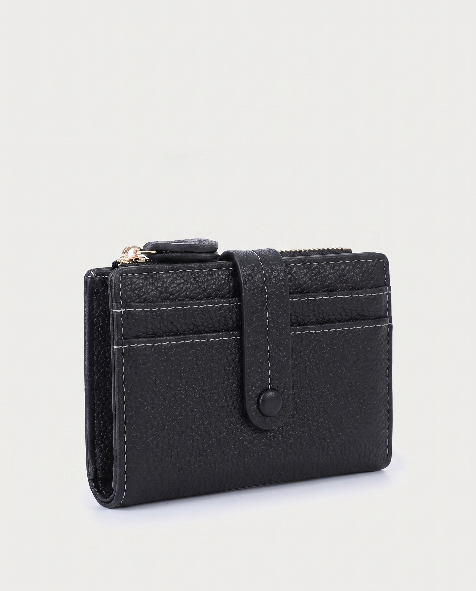 Plaid Compact Wallet in black — three-quarter view, RABUKO