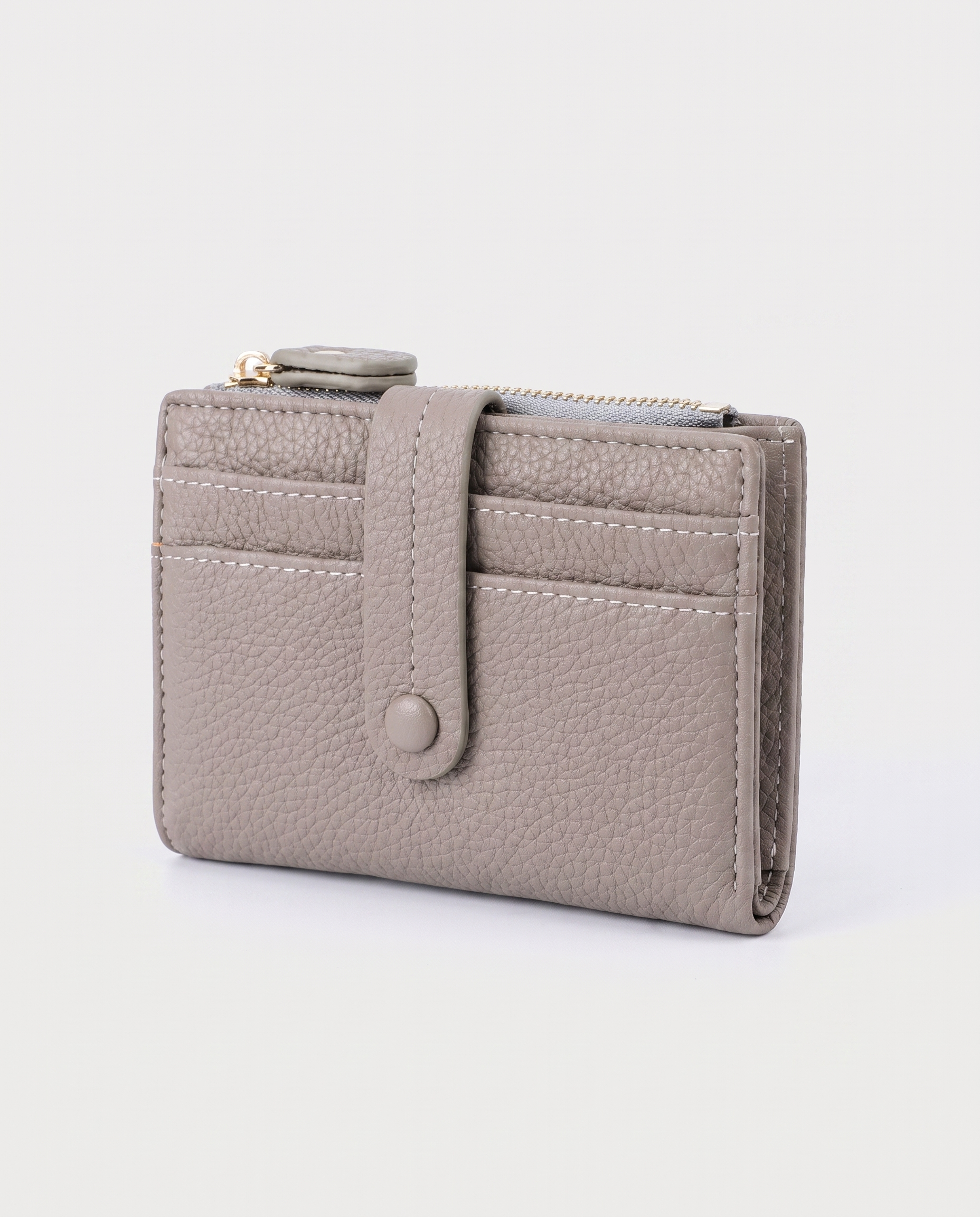 Plaid Compact Wallet in gray — three-quarter view, RABUKO