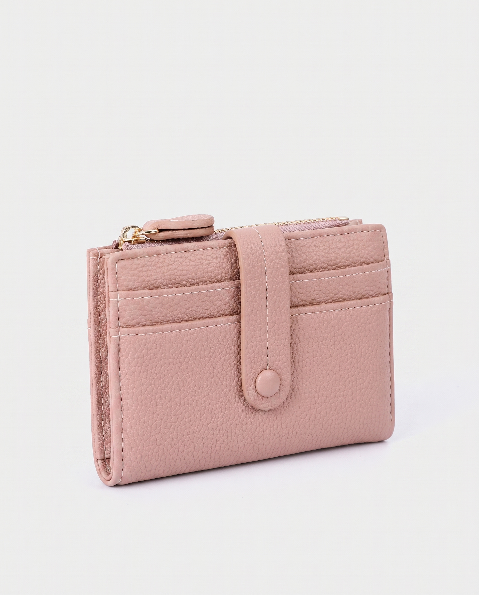 Plaid Compact Wallet in pink — three-quarter view, RABUKO