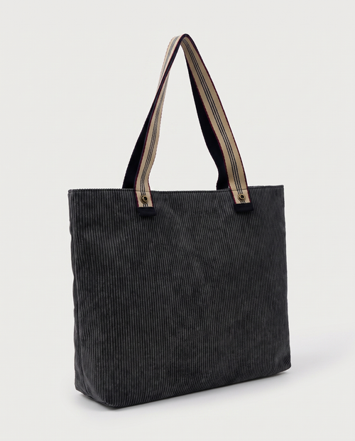 Corduroy Tote Bag in black — three-quarter view, RABUKO