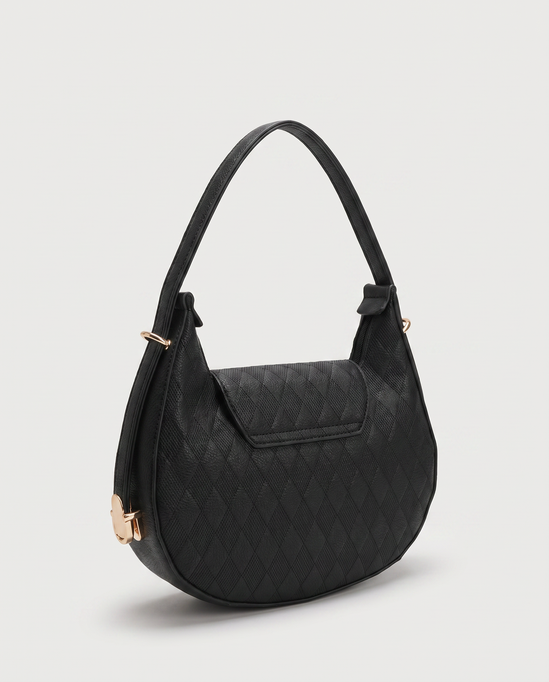 Stitched Flap Bag in black — three-quarter view, RABUKO