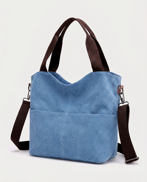Canvas Shopper Bag in blue — three-quarter view, RABUKO