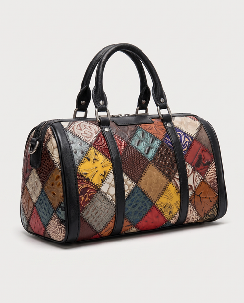 Embossed Leather Boston Bag — three-quarter view, RABUKO