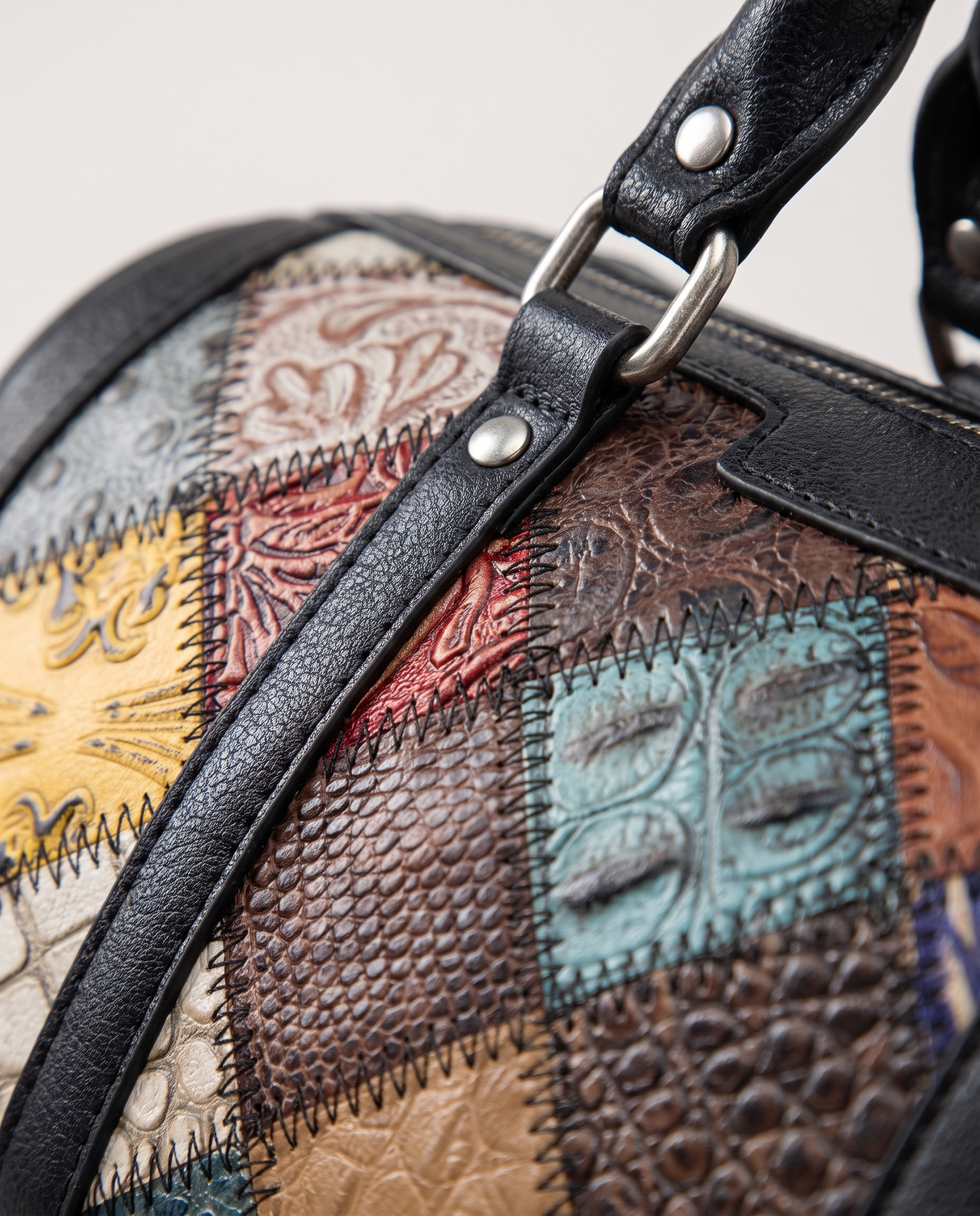 Embossed Leather Boston Bag — leather grain detail, RABUKO