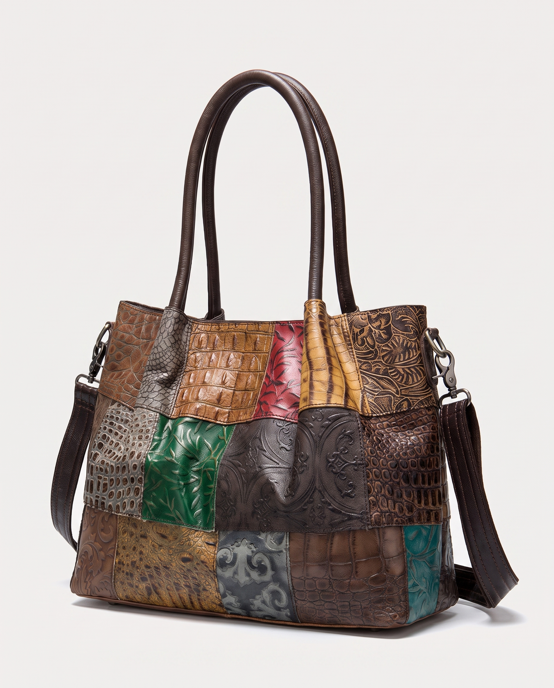 Embossed Leather Tote Bag — three-quarter view, RABUKO