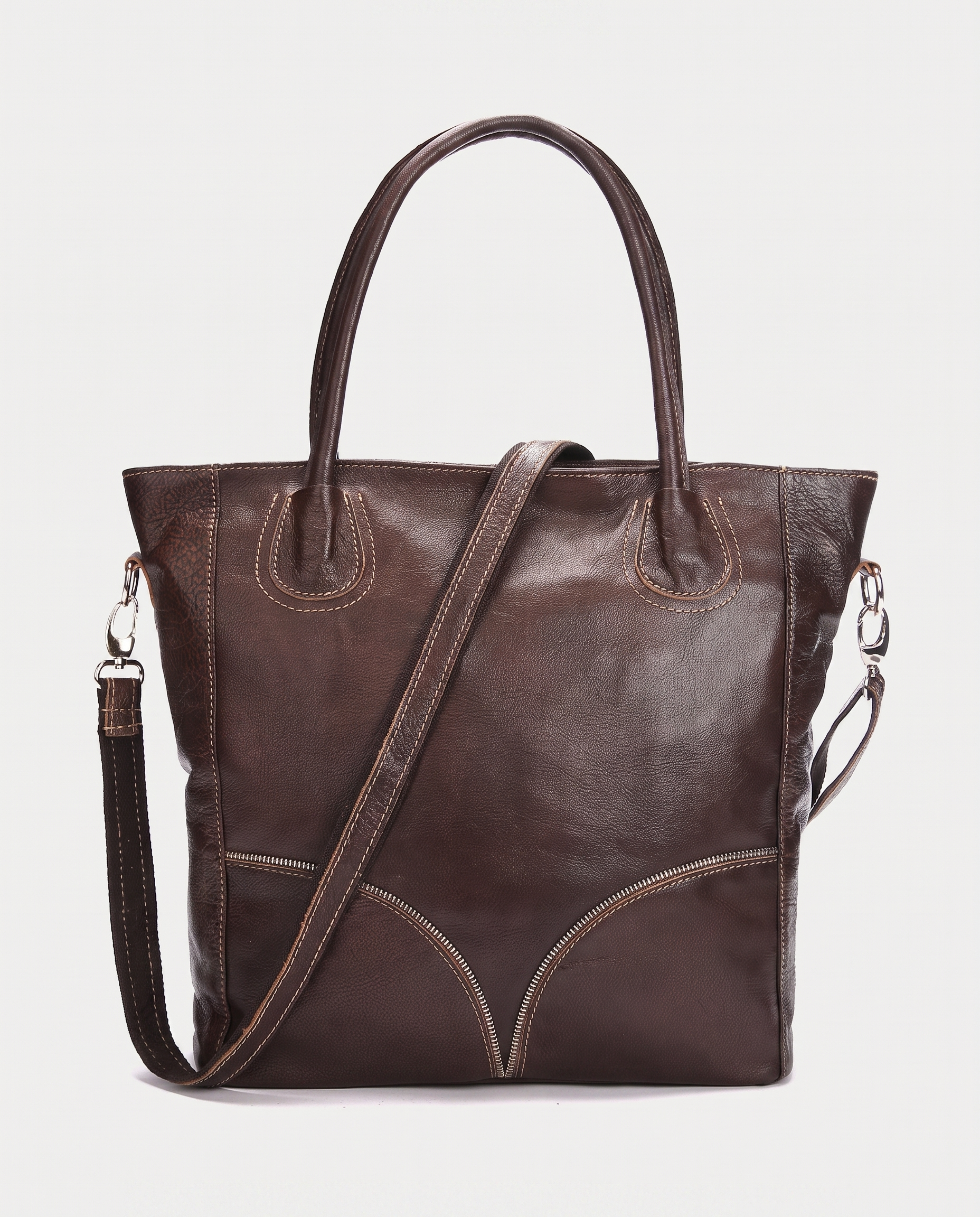 Soft Leather Shopper Bag in brown — front view, RABUKO