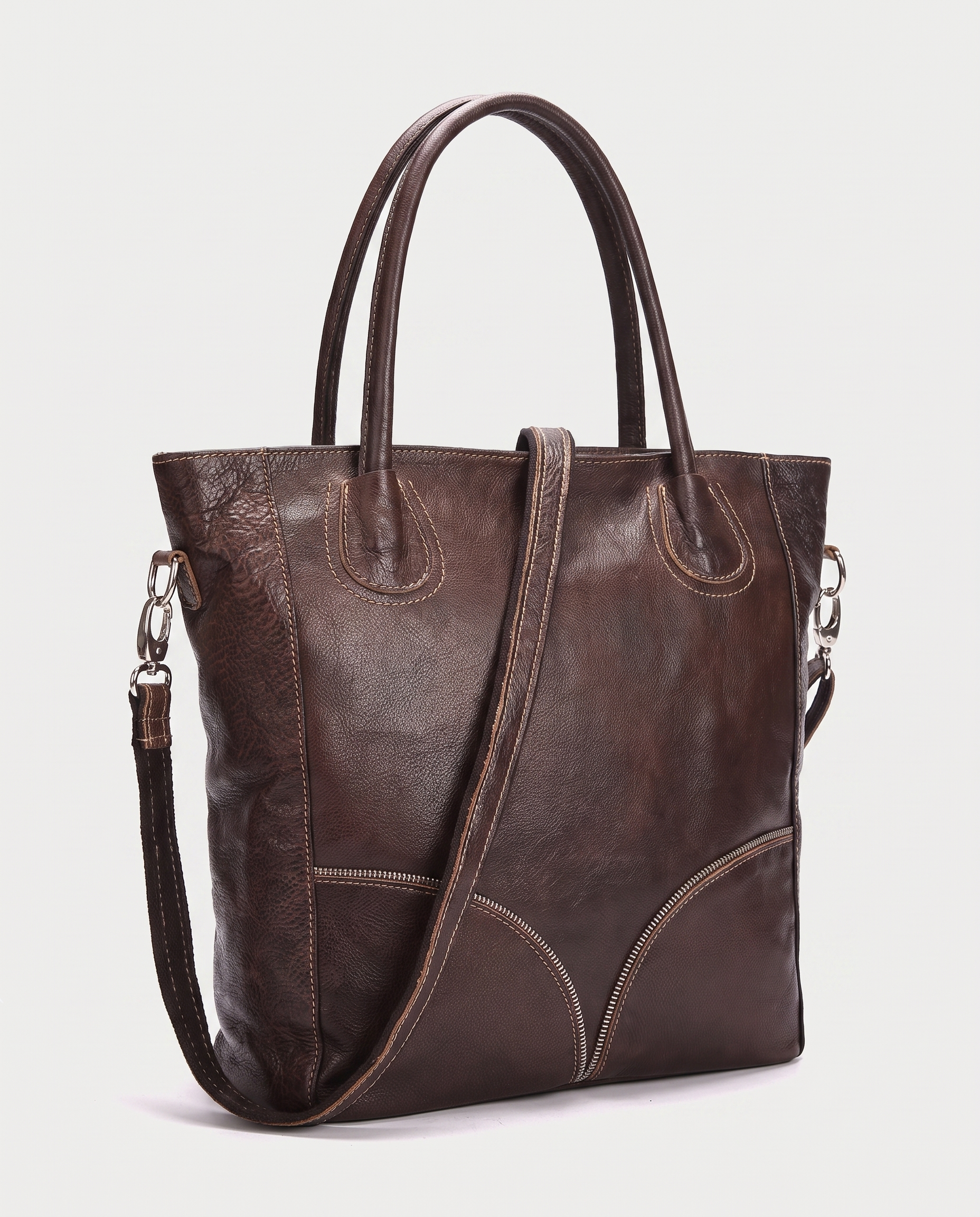 Soft Leather Shopper Bag in brown — three-quarter view, RABUKO
