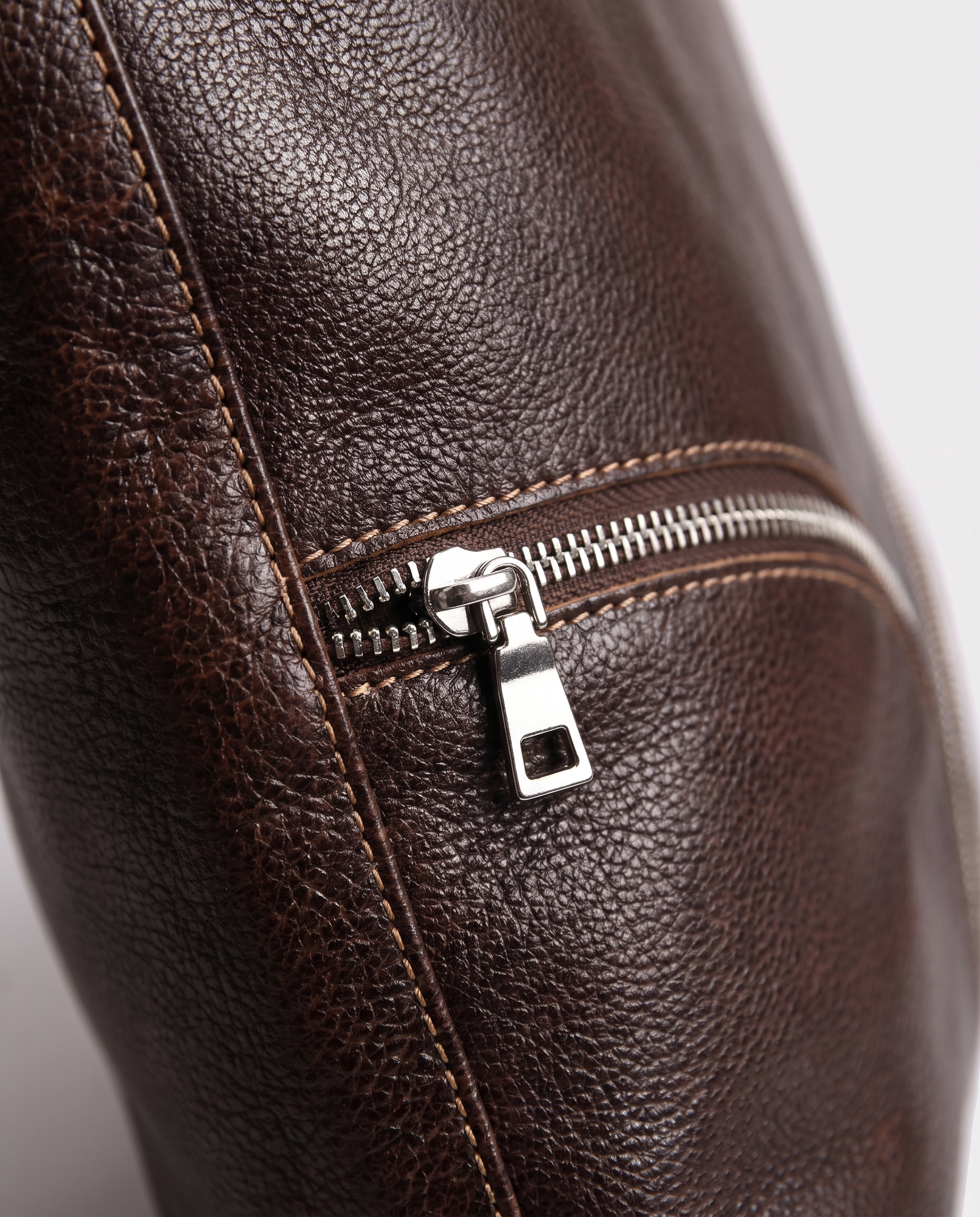 Soft Leather Shopper Bag in brown — leather grain detail, RABUKO